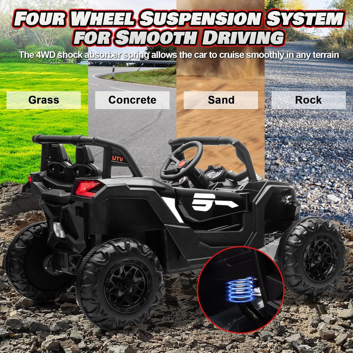 JOYRACER Kids Remote Control Car with 4 x 150W Motors, Shock Absorbers, Bluetooth, MP3 Player, and Headlights