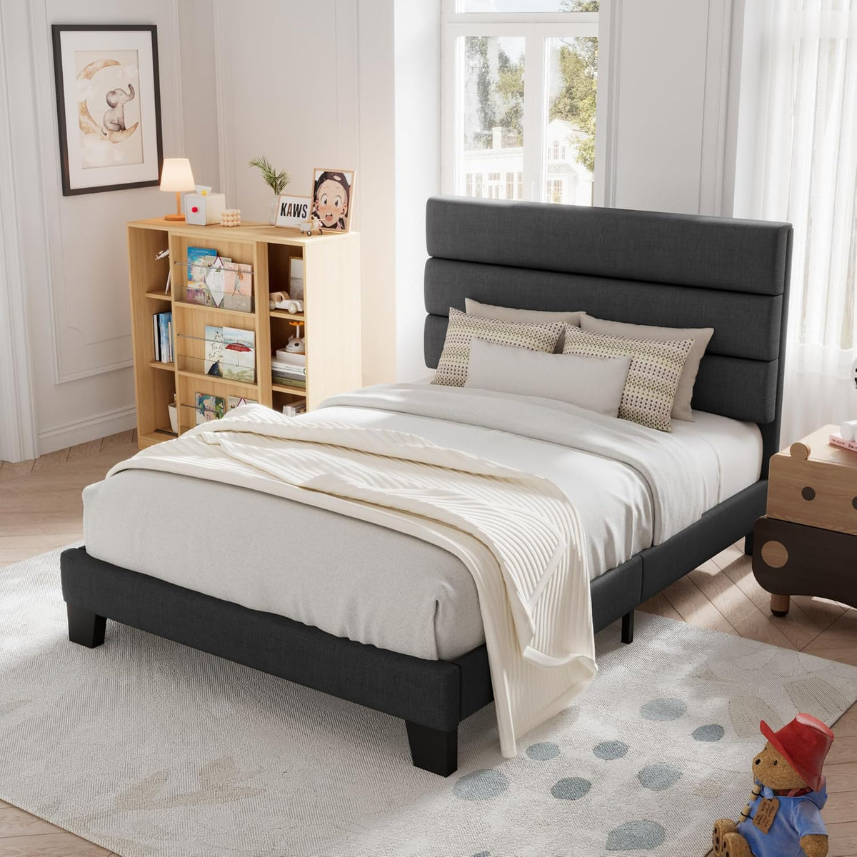 Allewie King size platform bed frame with velvet upholstered headboard and planks