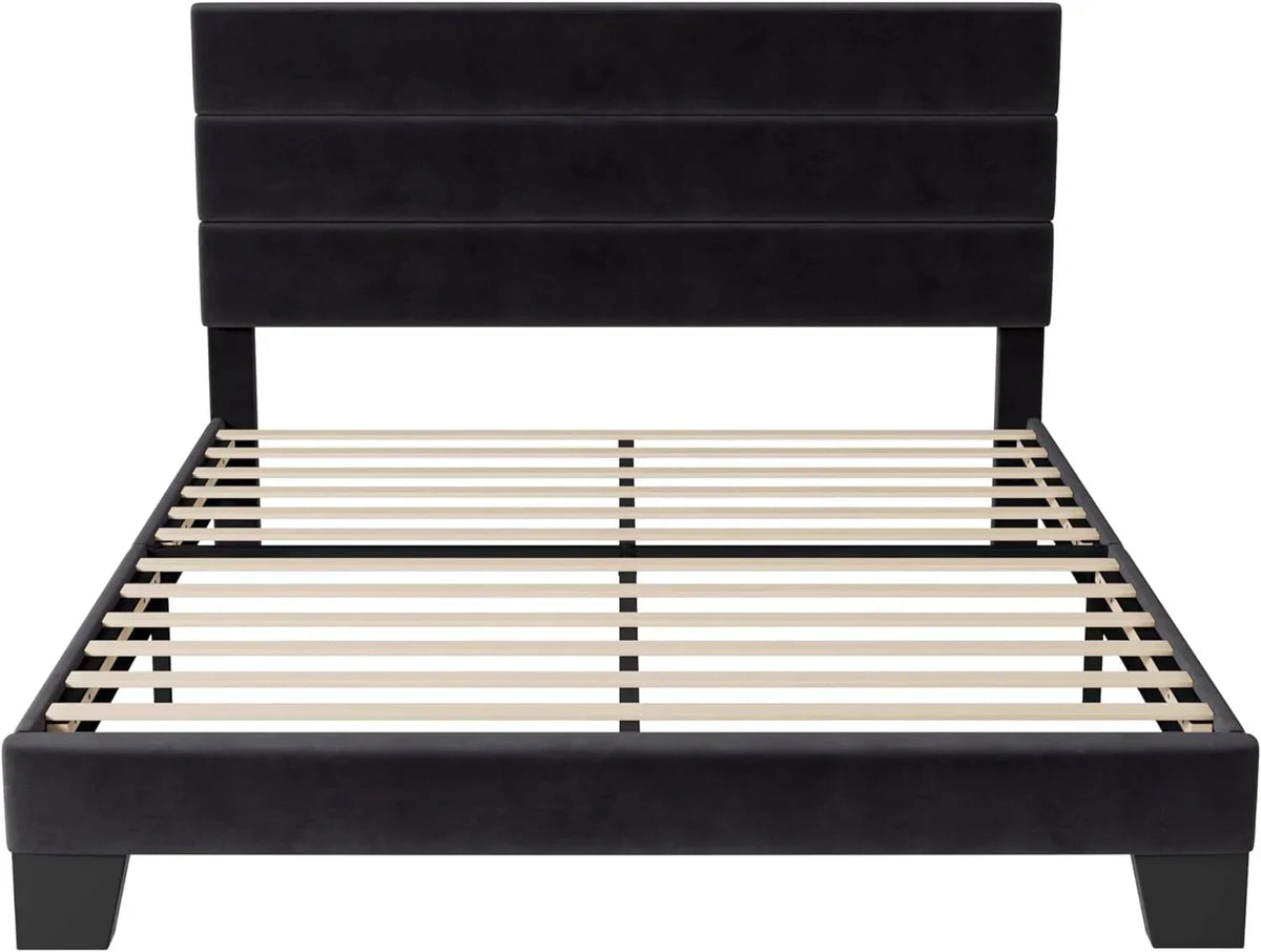 Allewie King size platform bed frame with velvet upholstered headboard and planks