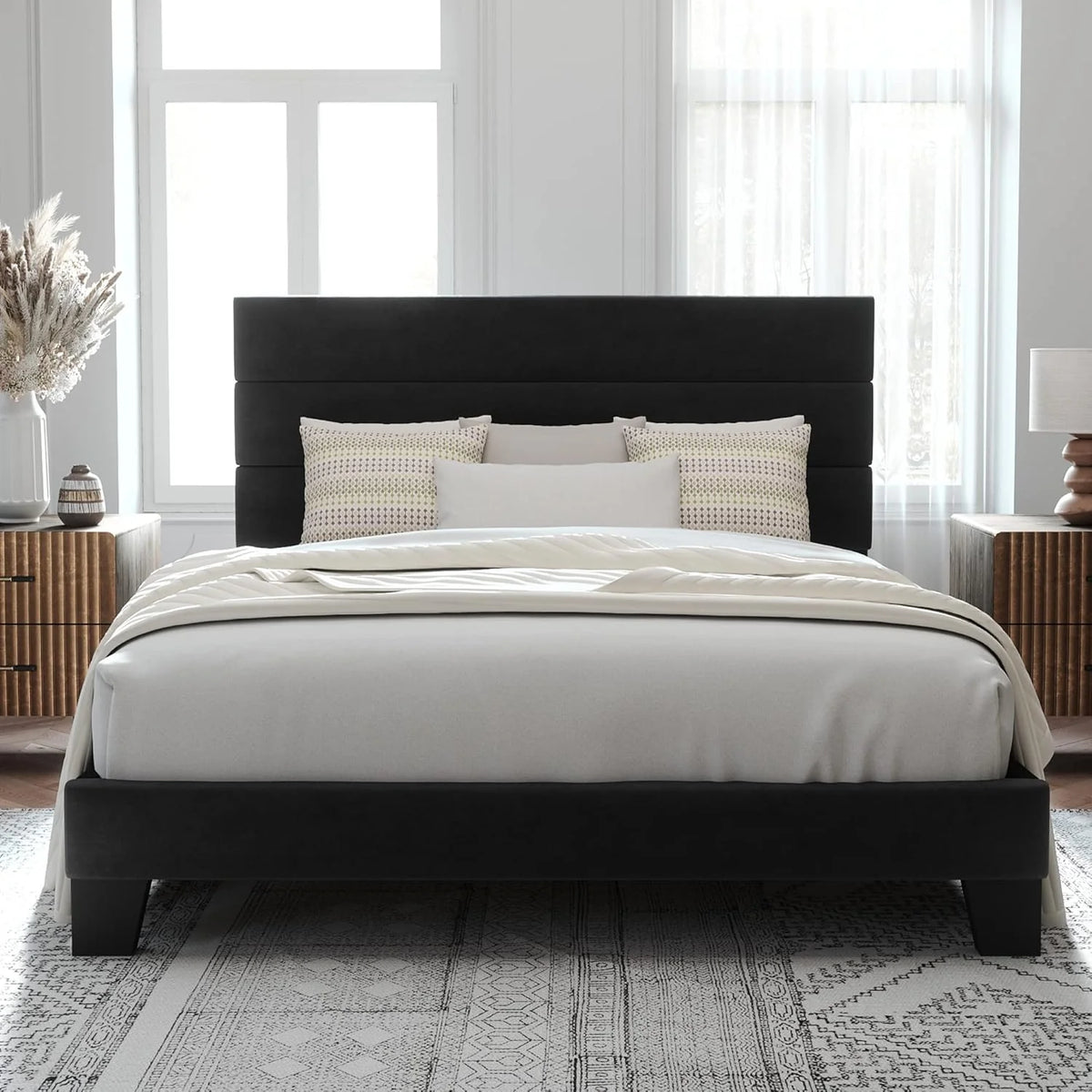 Allewie Queen Size Platform Bed Frame Fabric Upholstered Headboard Wooden Slats Support