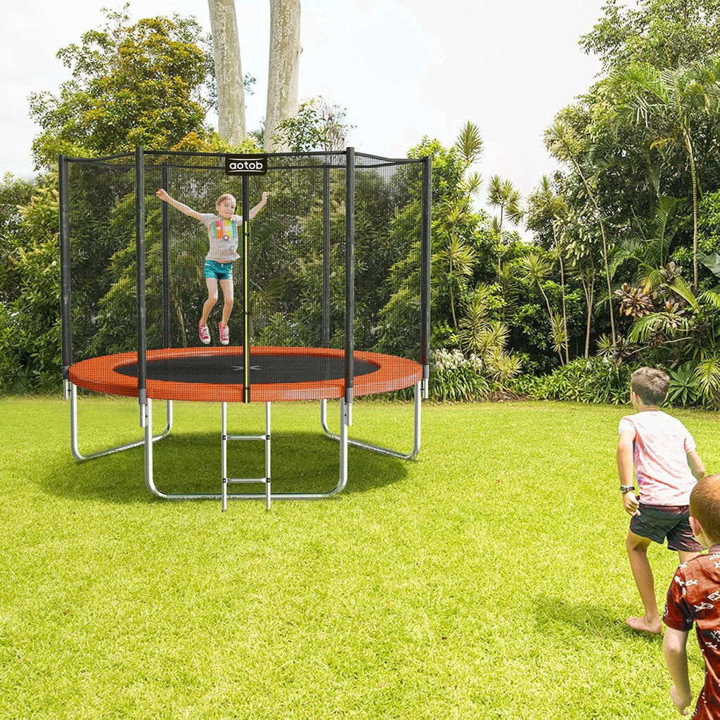 AOTOB 8FT 10FT 12FT 14 FT 15FT Trampoline with Safety Enclosure Net，Outdoor Trampoline with Basketball Hoop, Heavy Duty Jumping Mat and Spring Cover Padding for Kids and Adults, Storage Bag and Ladder
