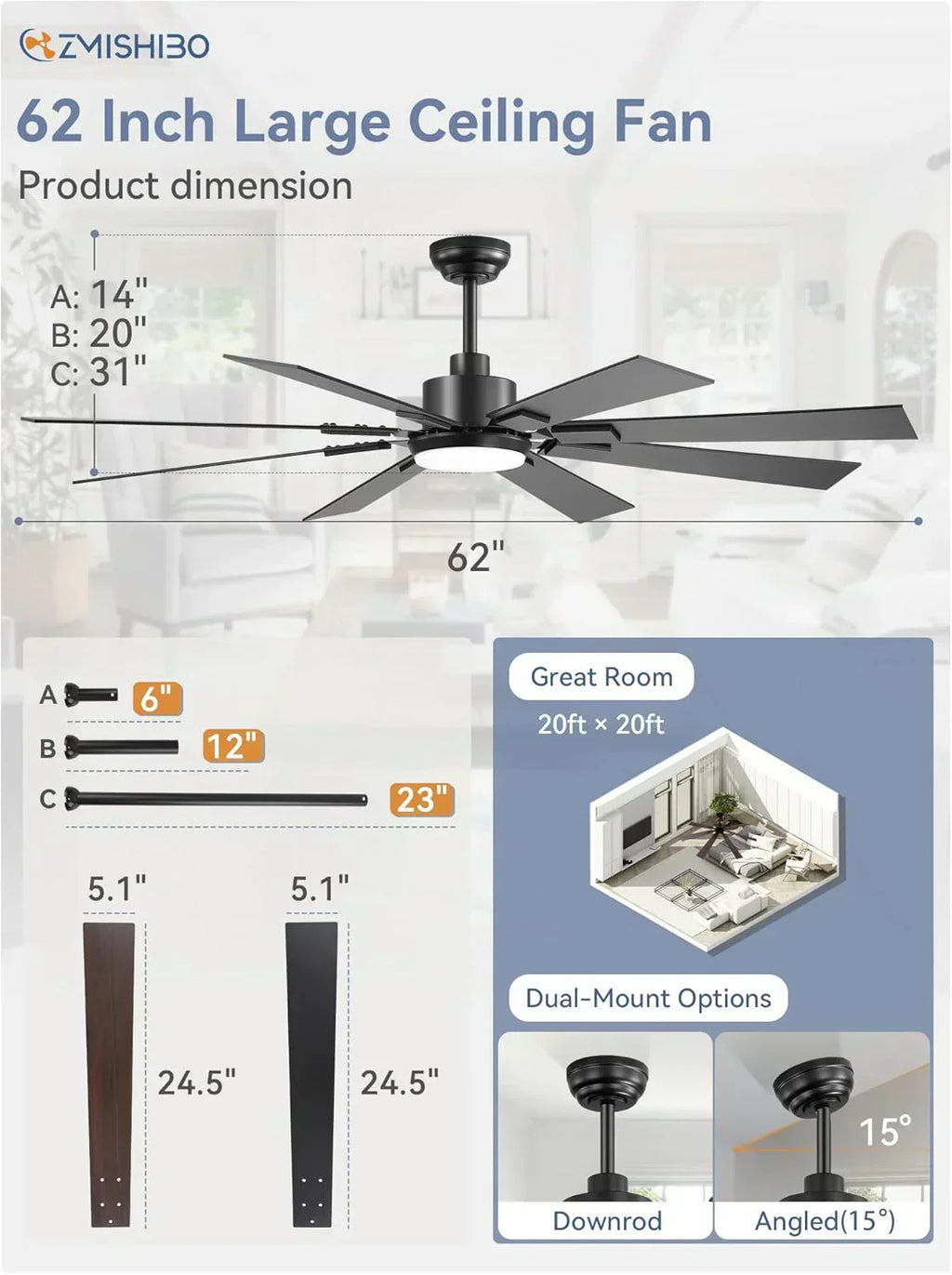 Zmishibo 72-inch large ceiling fan with lighting and remote indoor/outdoor