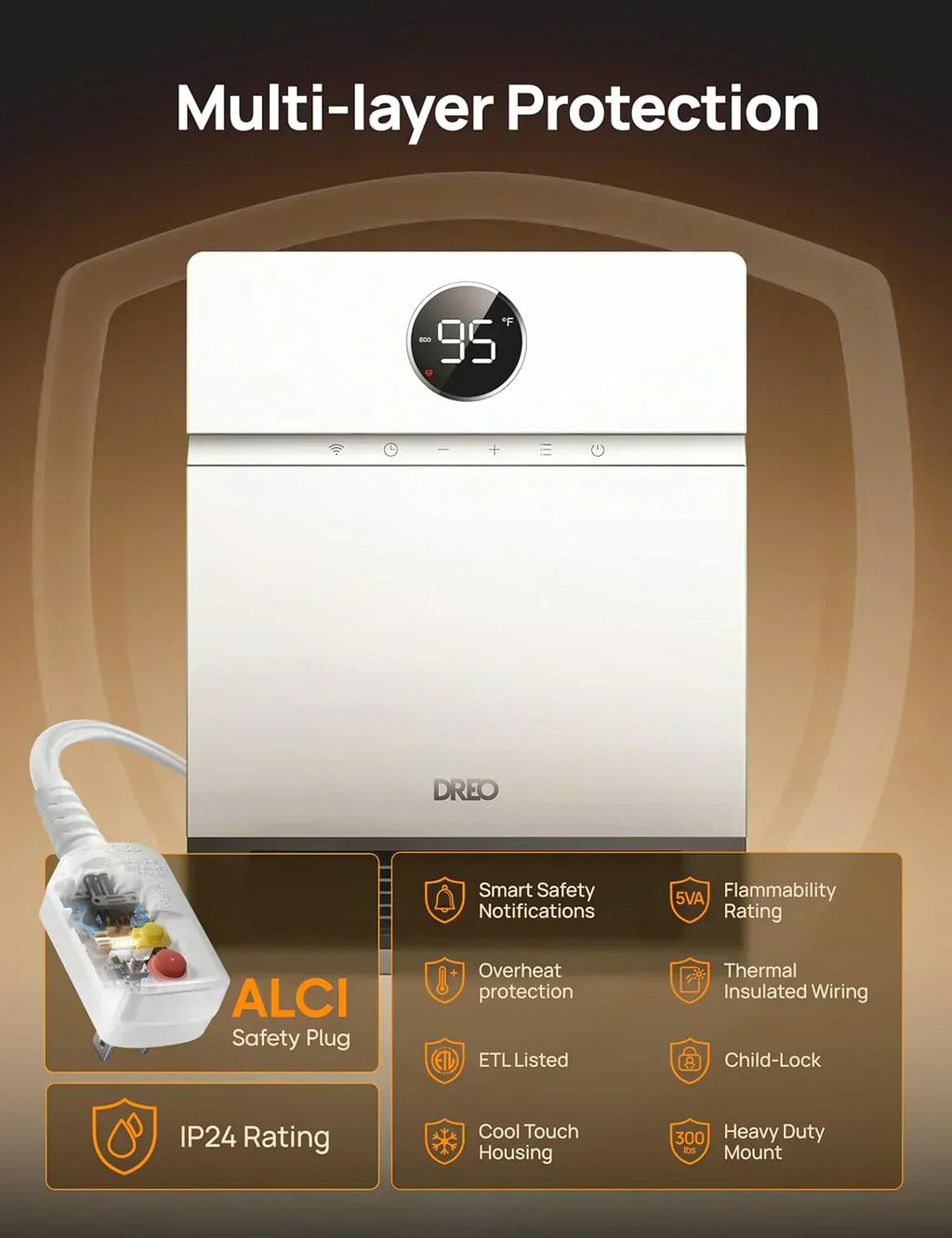 Smart wall-mounted heater for indoor use with adjustable thermostat and remote control