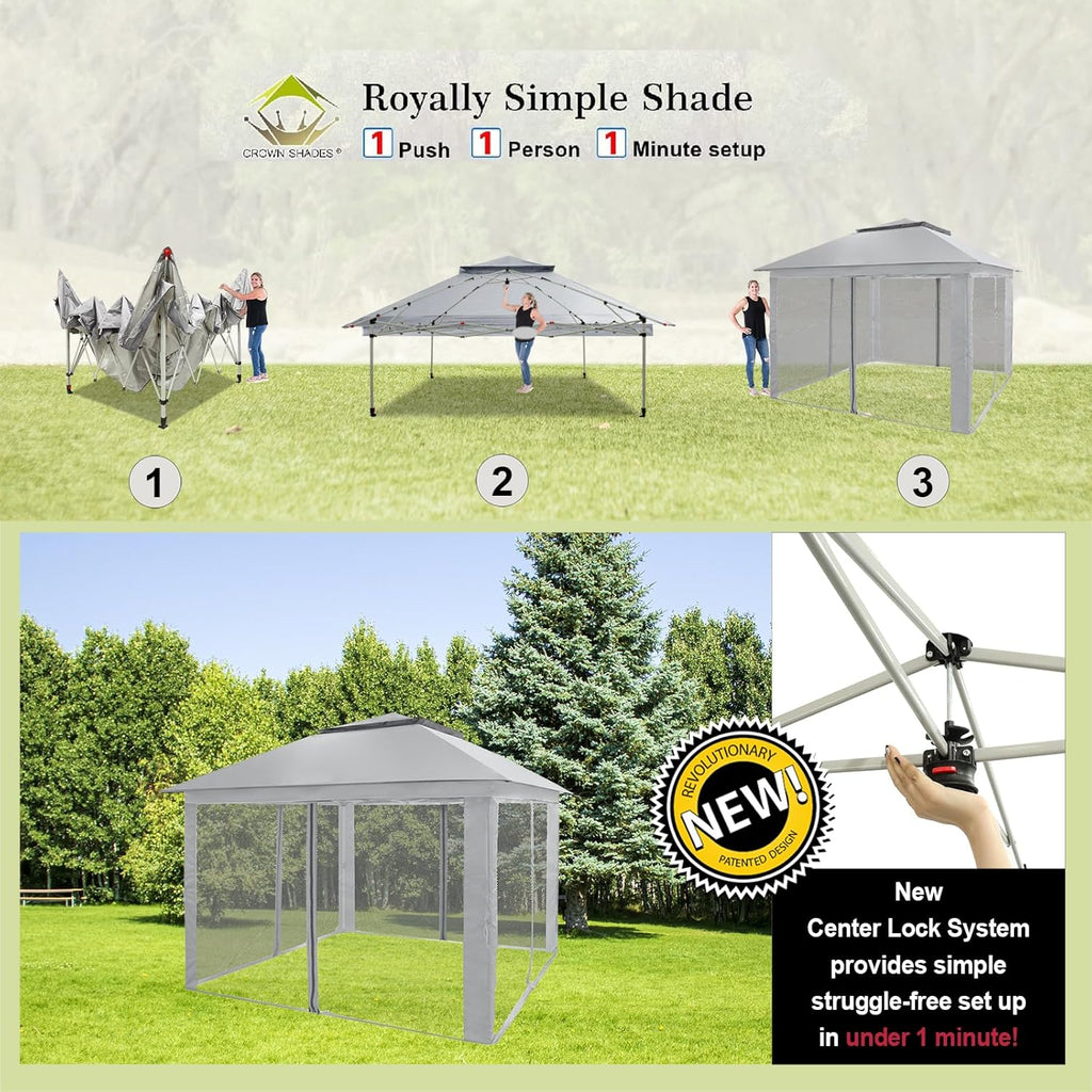 CROWN SHADES 13x13 Pop Up Gazebo, Canopy Tent, Gazebos on Clearance - Outdoor Gazebo for Backyard & Patio Furniture - Carpa Pop Up Tent with Wheeled STO-N-Go Cover Bag (White)