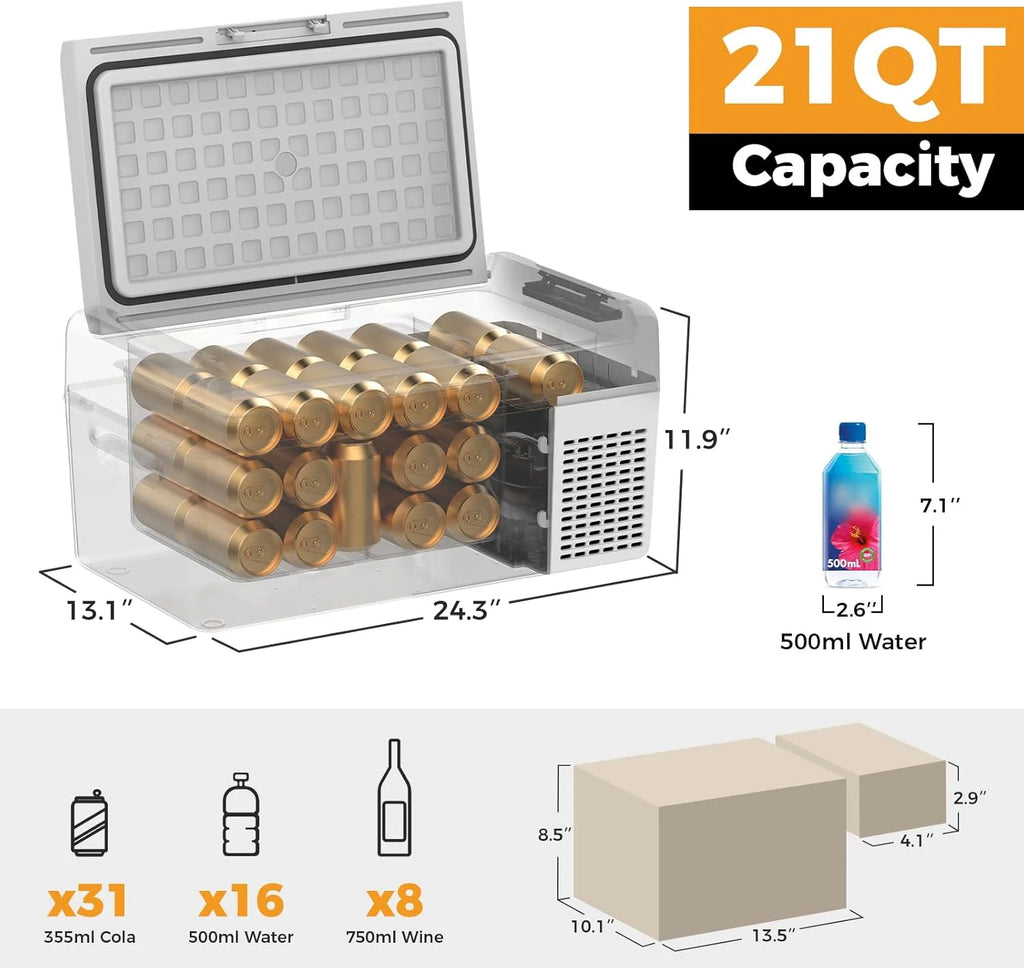 12V Refrigerator 21 Quart Portable Freezer 50 Hours Keep Cool,Electric Cooler for Vehicles Car Refrigerator 12V Portable Fridge for Car Camping Truck Van RV SUV Road Trip Travel RF20