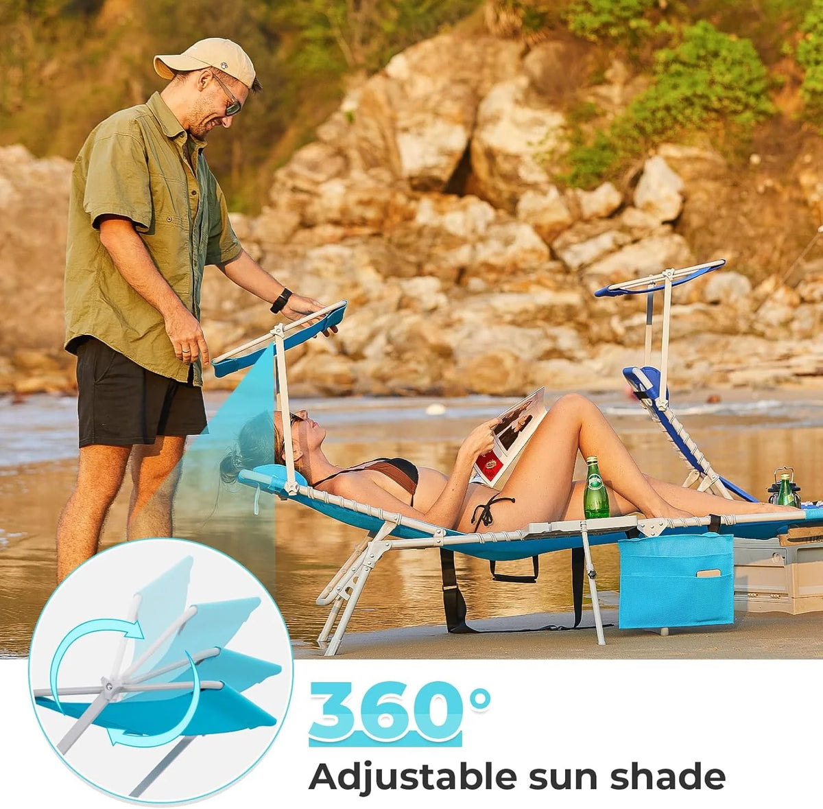 2 Pack Outdoor Chaise Lounge Chair - Portable Folding Patio Pool Lounge Chair, 5 Positions Adjustable Reclining Camping Chair with Side Table,Shoulder Strap, Pillow for Beach Sunbathing Lawn