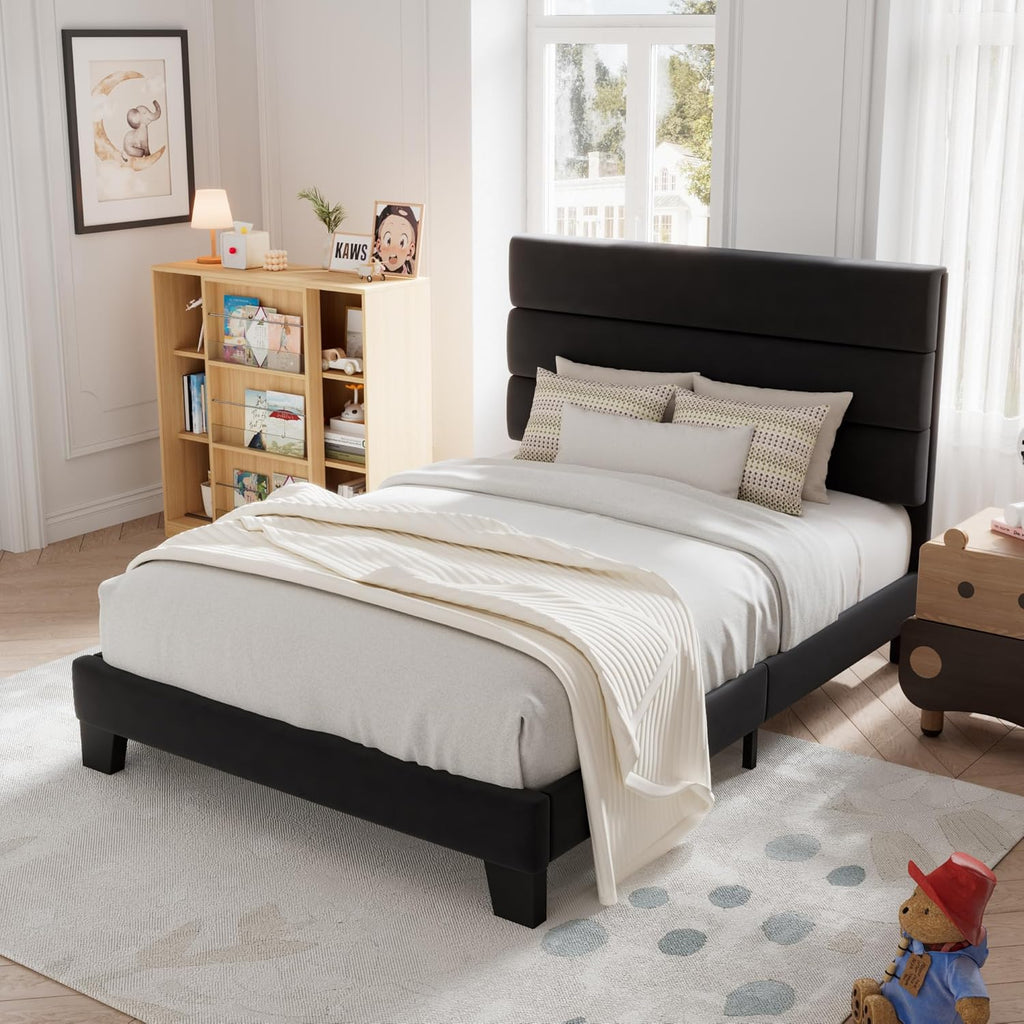 Allewie Queen Size Platform Bed Frame with Fabric Upholstered Headboard Wooden Slats Support