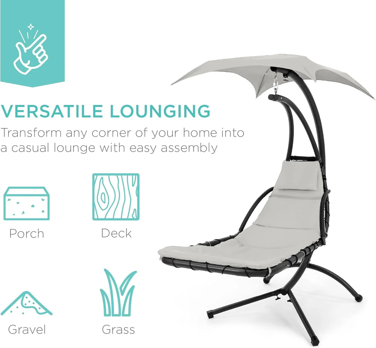 Best Choice Products Outdoor Hanging Curved Steel Chaise Lounge Chair Swing w/Built-in Pillow and Removable Canopy - Teal