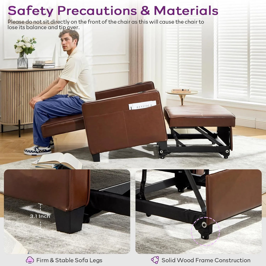 Adult Convertible Sleeper Chair Bed, 3-in-1 Pull-Out Sofa Bed with USB/Type-C Ports, Cup Holders, Side Pockets, Single Sofa