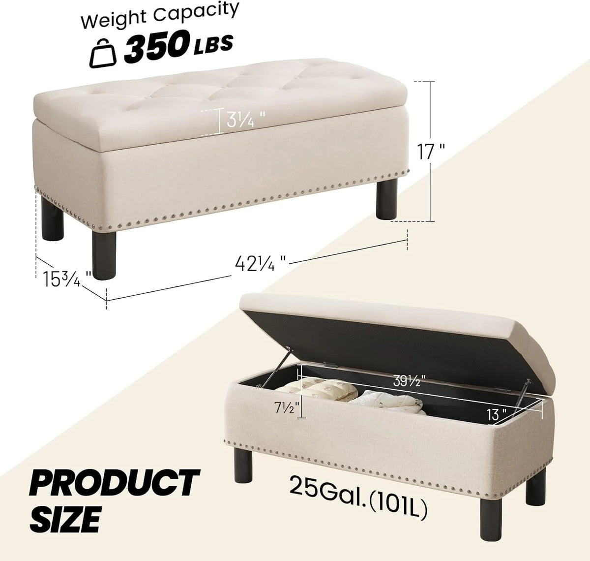 Furniliving Modern Storage Ottoman Bench, Sherpa Ottoman End of Bed Bench with Solid Wood Legs Upholstered Ottoman Benches with Storage Indoor Bench