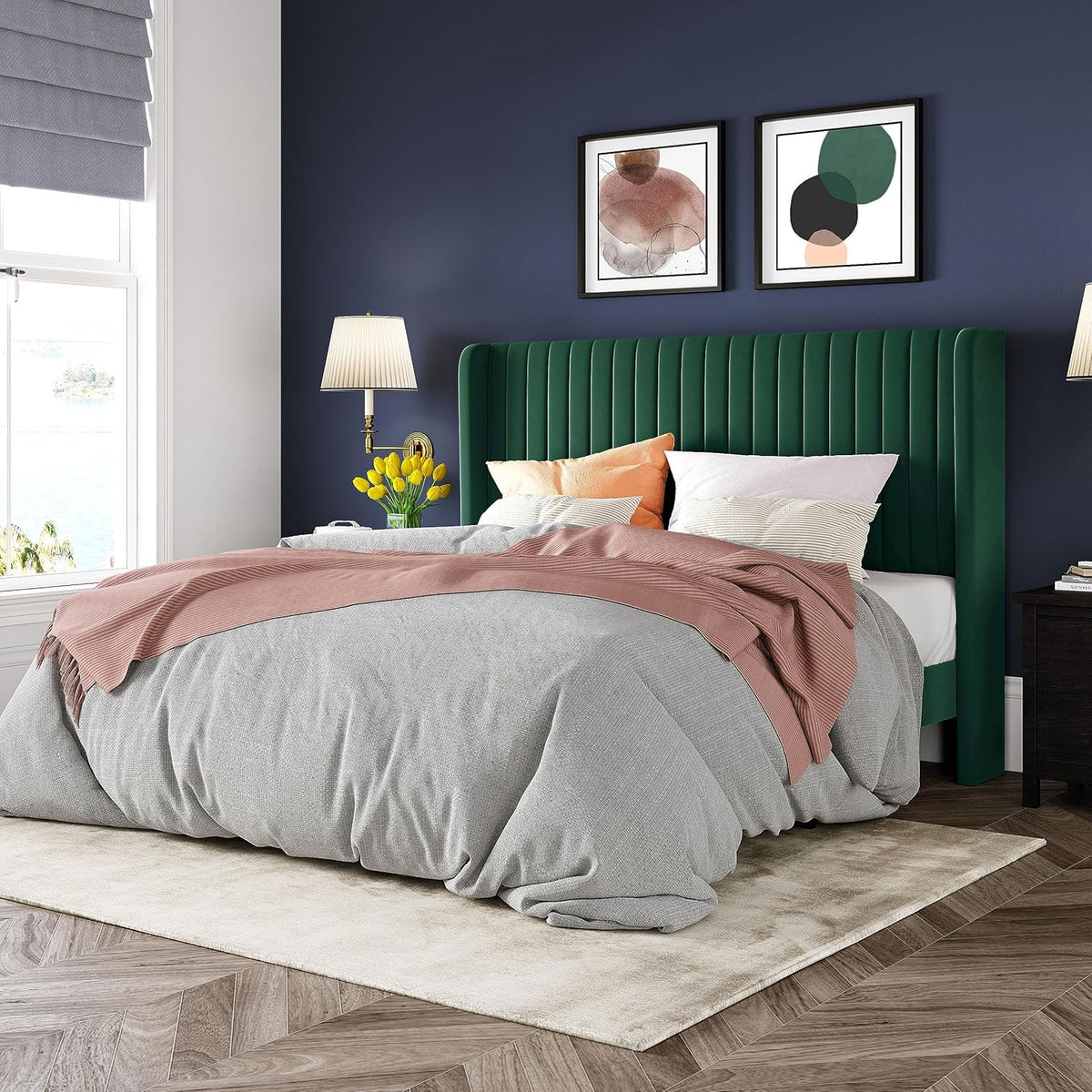 Allewie Full Size Velvet Bed Frame Vertical Channel Tufted Wingback Headboard Upholstered Bed