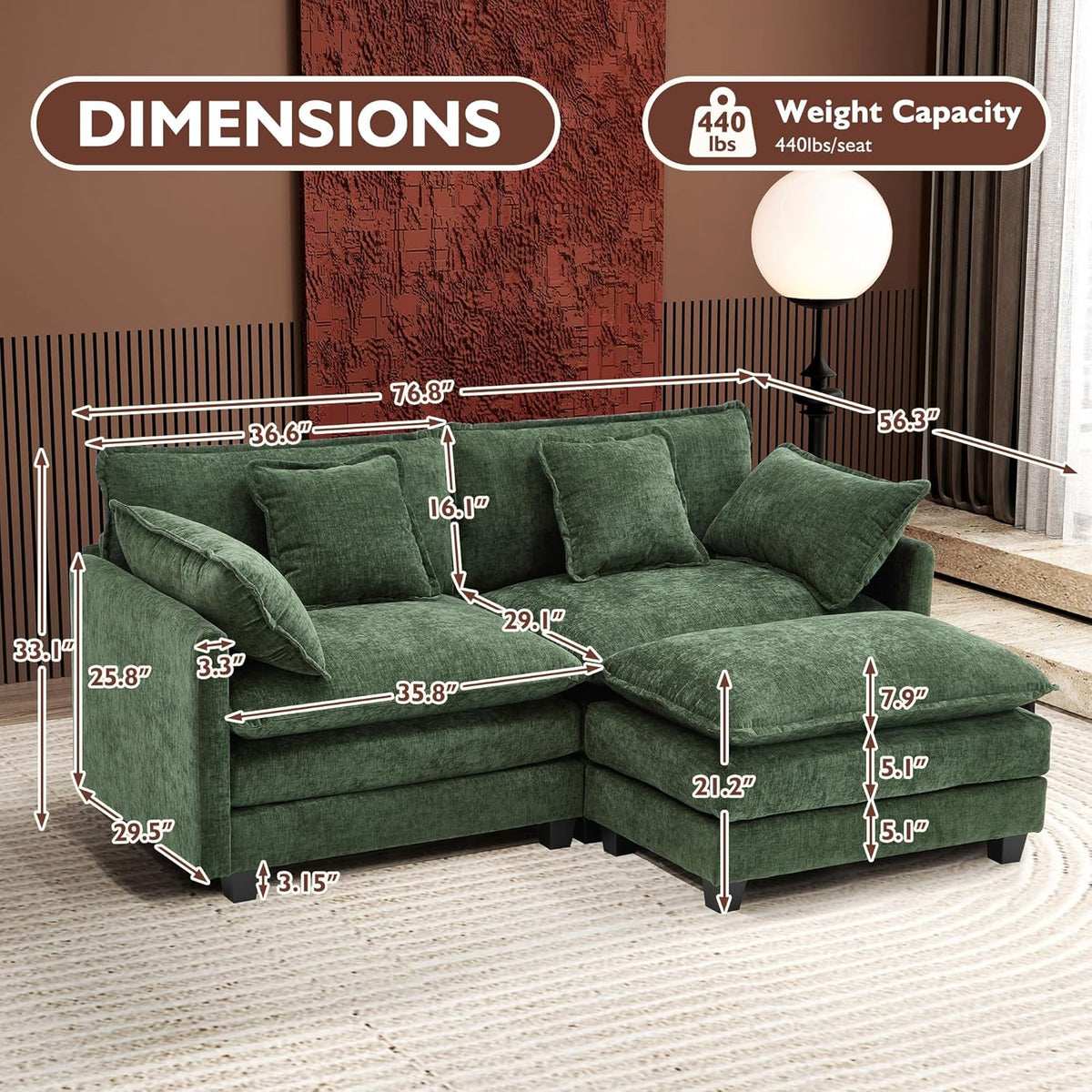 111.4 Inch L Shaped Modern Sofa Modular Cloud Sofa with Ottoman 4 Seater Chenille Deep Seat Sofa