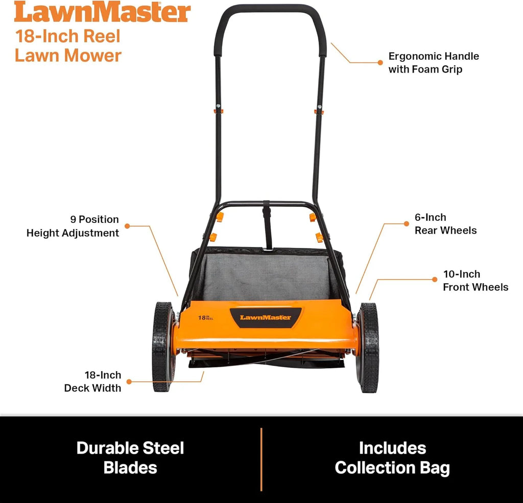 LawnMaster LMRM1801 Push Reel Lawn Mower 18-Inch 5-Blade