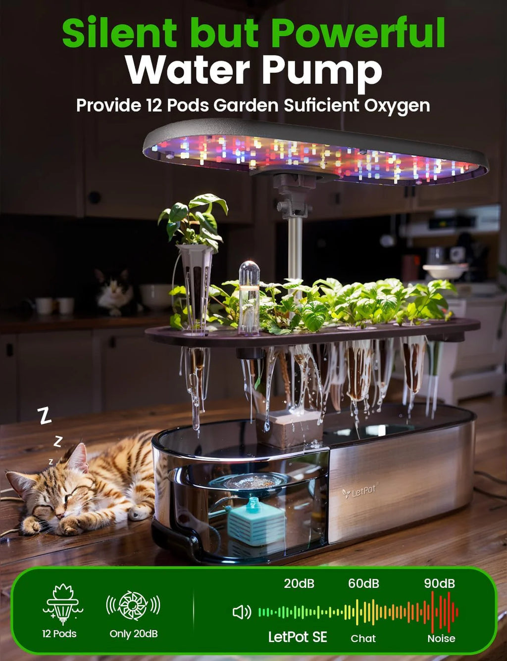 Hydroponic Planting System, 12 Indoor Smart Herb Garden Set, Indoor Garden, App and WiFi Control, with 24W Grow LED, 5.5L Water Tank, Pump System, Automatic Timer