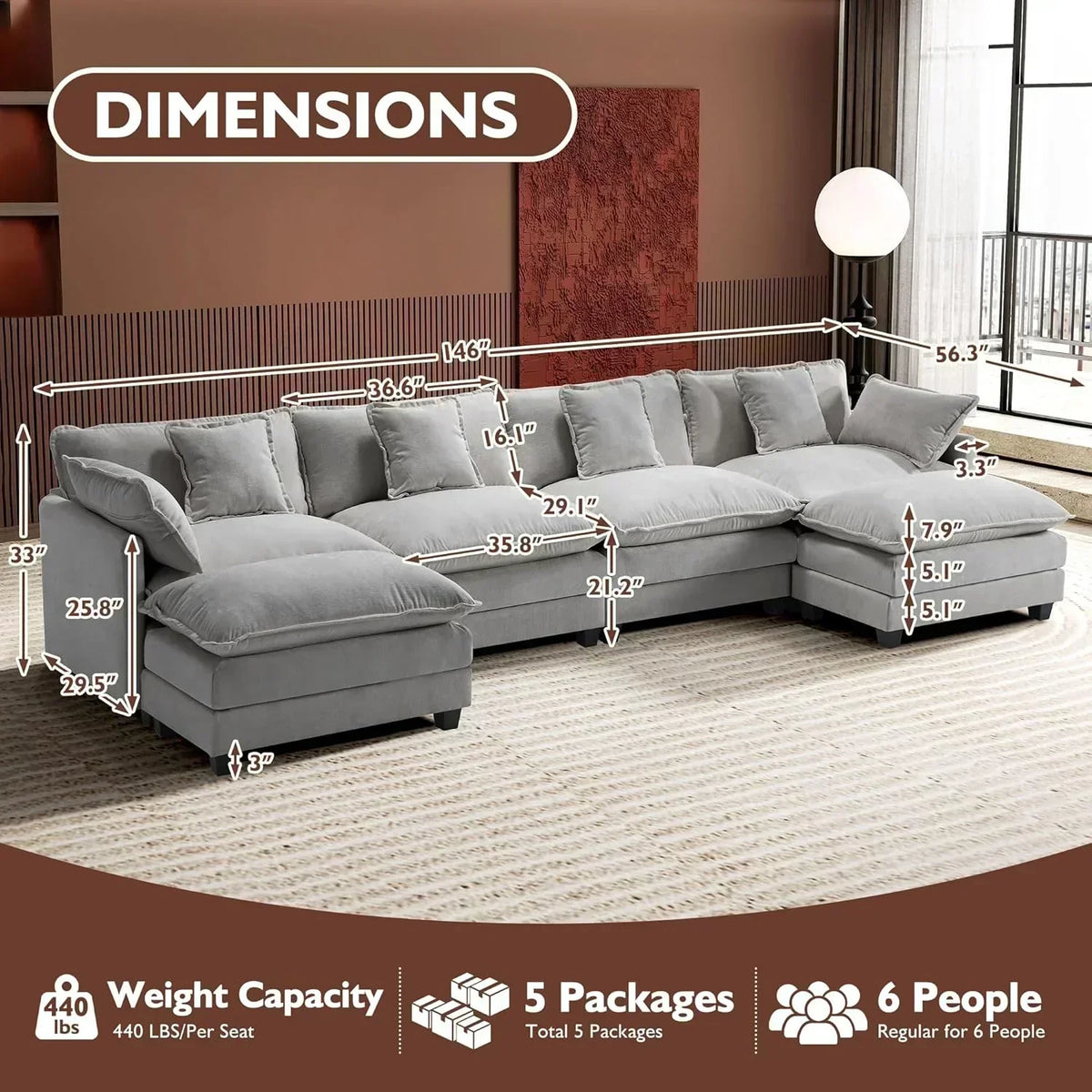 ihanherry 146-inch U-shaped modern sofa modular area cloud sofa