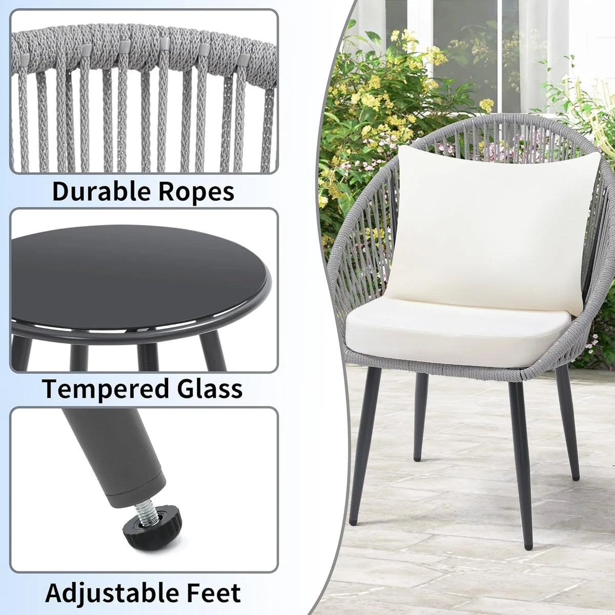 3 Piece Bistro Set, Woven Rope Chair with Cushions, All Weather Patio Conversation Set with Side Table, Ideal for Deck, Balcony, Poolside, Black