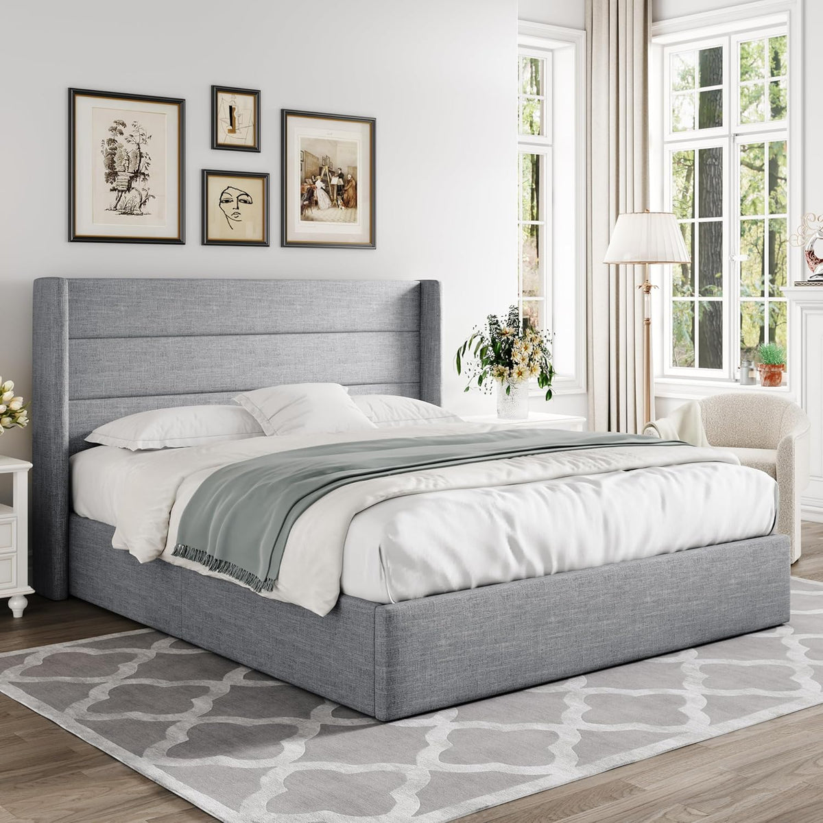 Allewie Queen Size Lift Up Storage Bed Modern Wingback Headboard Hydraulic Support