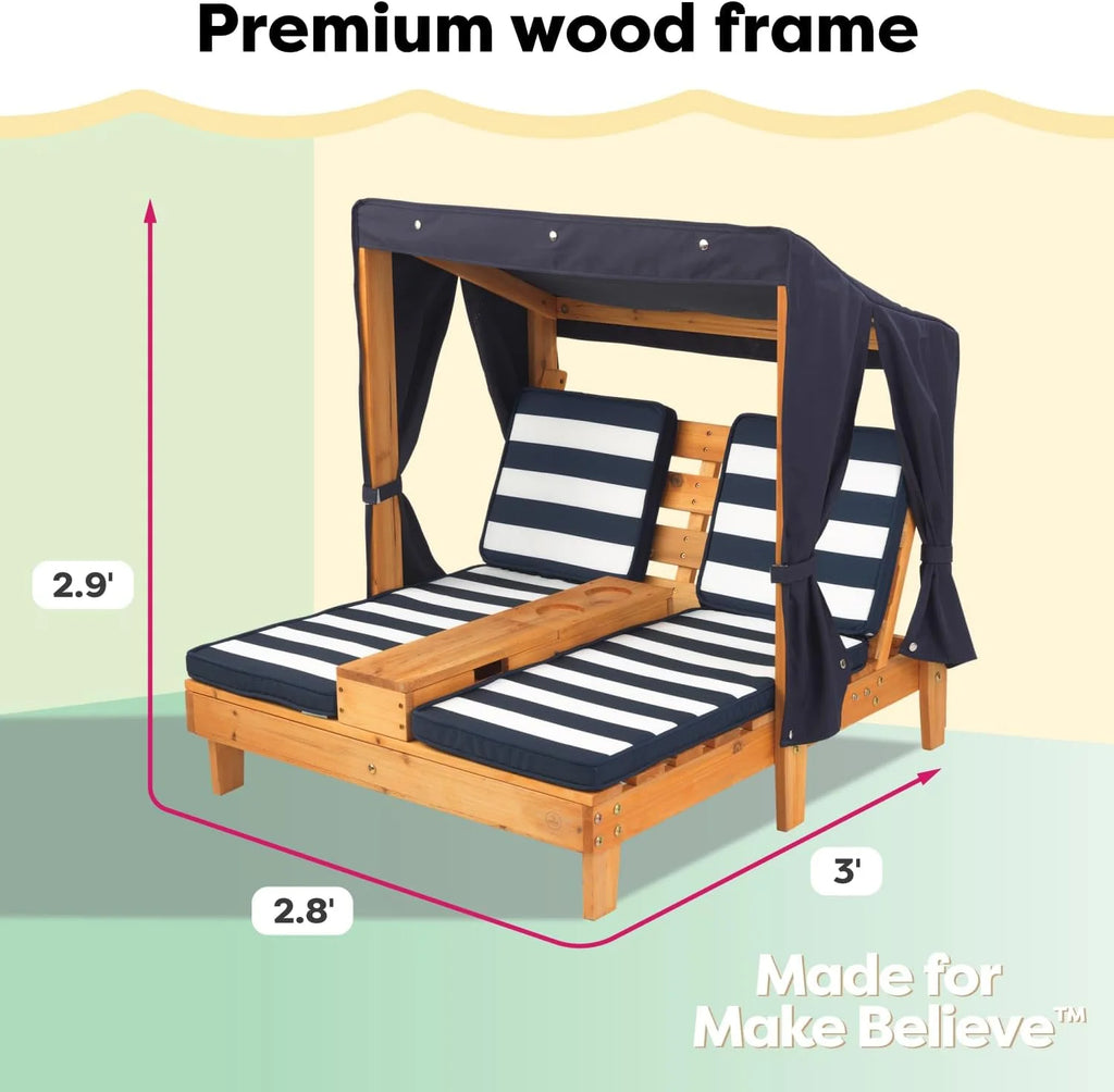 KidKraft Wooden Outdoor Double Chaise Lounge with Cup Holders, Kid's Patio Furniture, Honey with Navy and White Striped Fabric, Gift for Ages 3-8