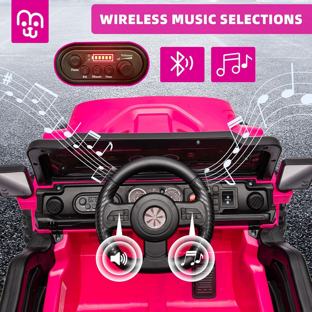 12V Kids Electric Ride on Truck Car Remote Control, Twin 35W Motors 3.5MPH Max Speed, Bluetooth USB Music Player, 4 Wheels Suspension LED Lights Safety Belt, Gift for Boy & Girl-Rosy