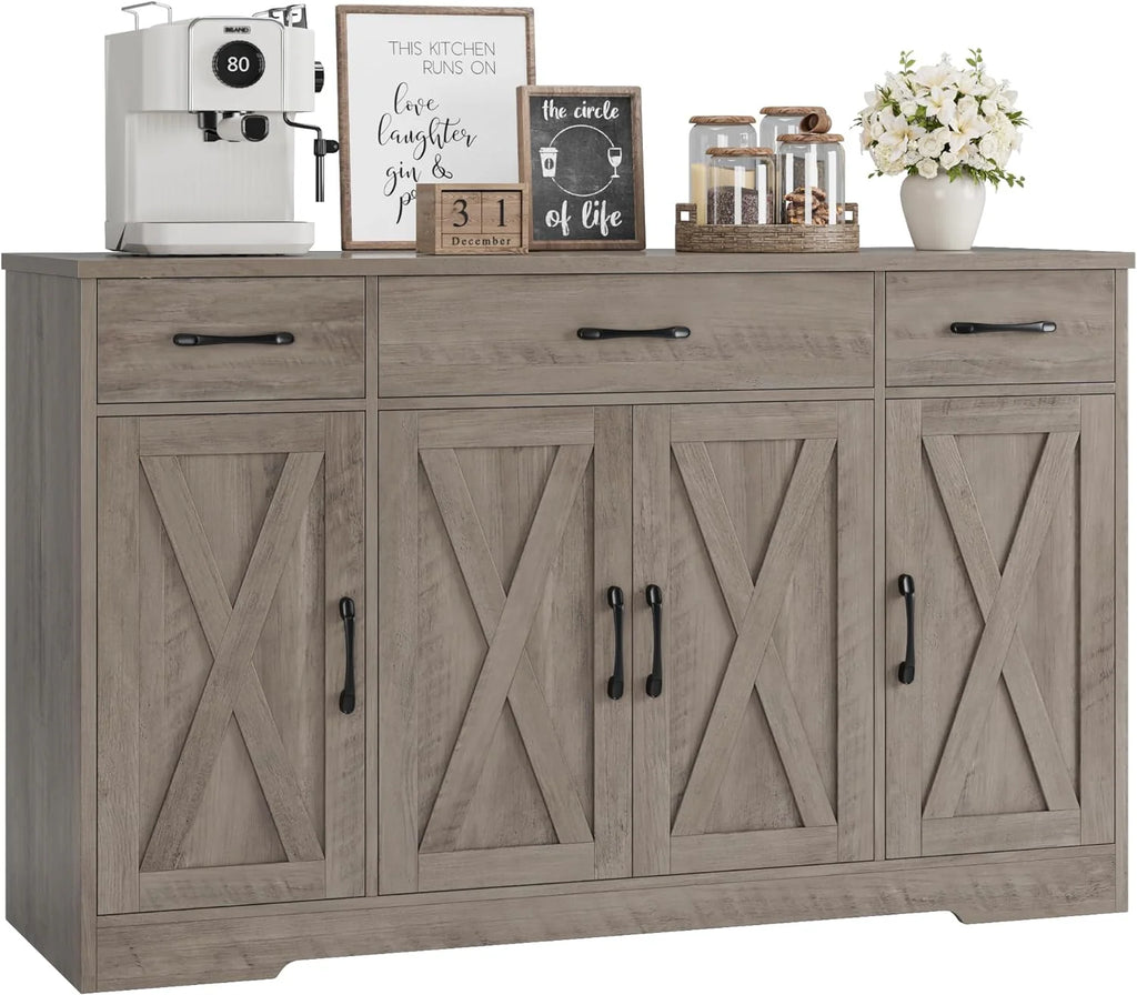 Sideboard with drawers, large 55-inch sideboard, sideboard storage with shelves and doors, modern farmhouse coffee bar wood kitchen dining table