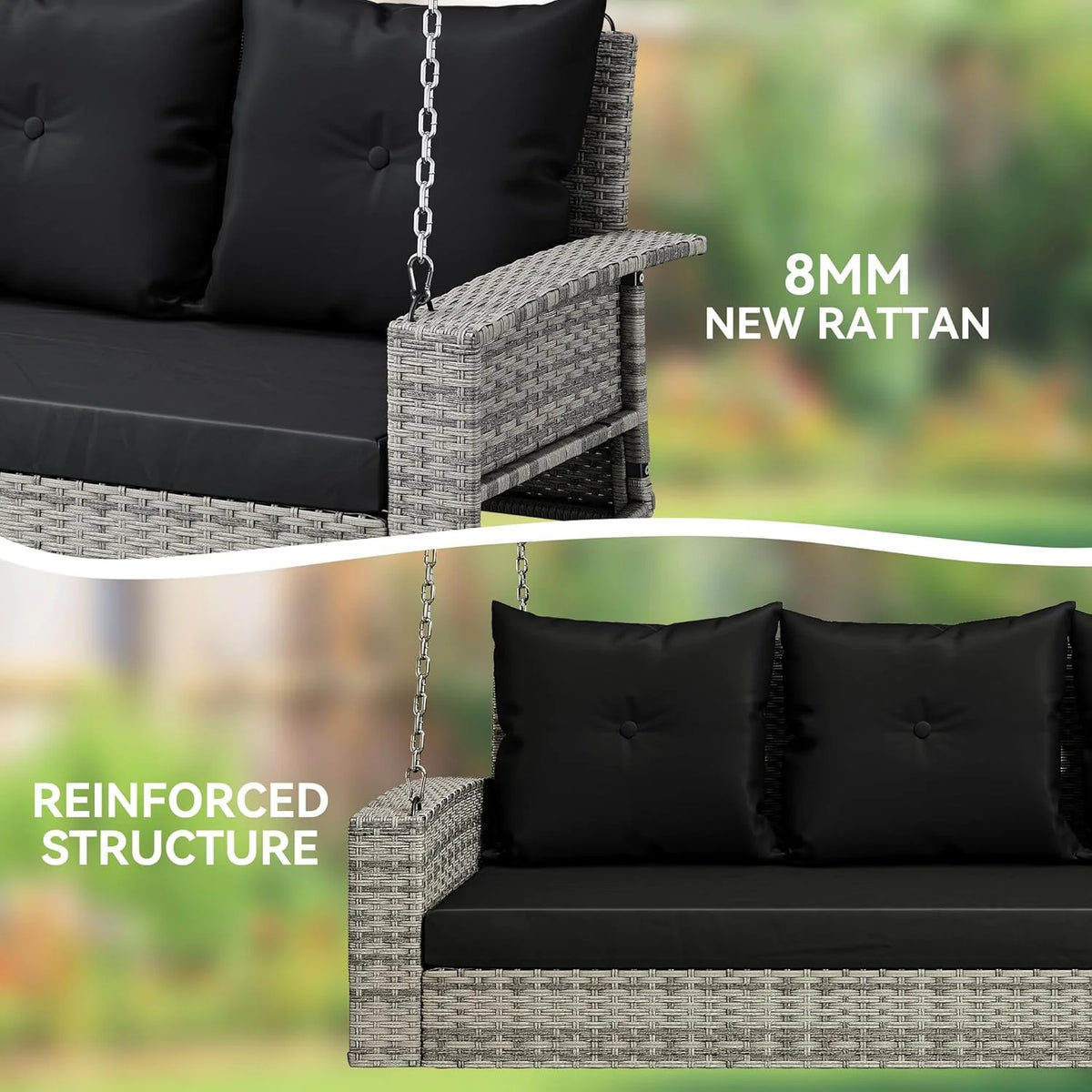 YITAHOME Hanging Porch Swing Chair Sits 3 People, Wicker Outdoor Swing Bench, Patio Lounge Chair, 1 Seating Cushion and 3 Back Cushions, w/Removable Covers, for Garden, Balcony, Backyard, Brown