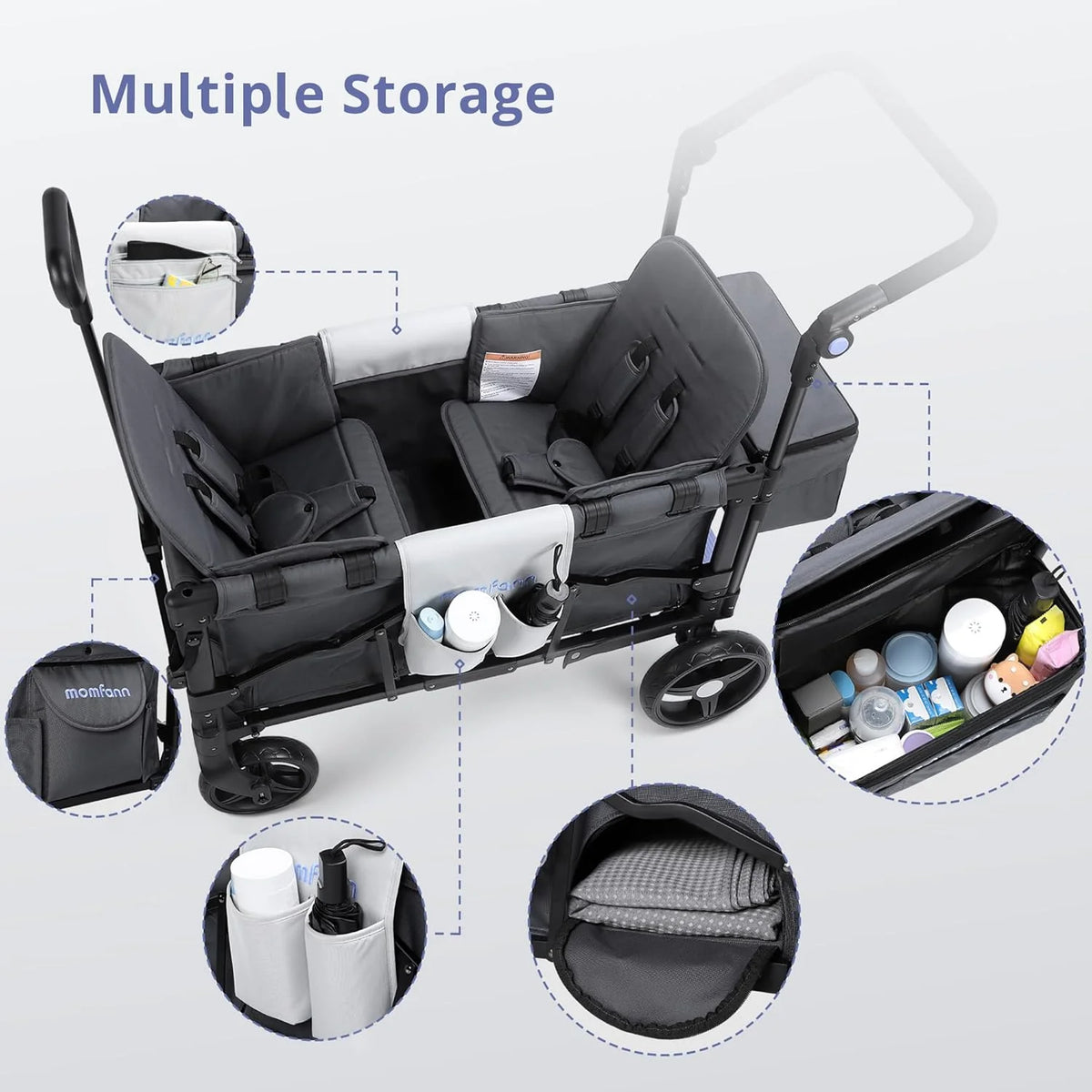 Stroller Wagon for Kids, Wagon Stroller Toddlers 2 Seaters, All-Terrain Baby Wagon Outdoor with Canopy, Parent Organizer, Adjustable Handle & Pull Bar for Infants and Toddlers, Gray
