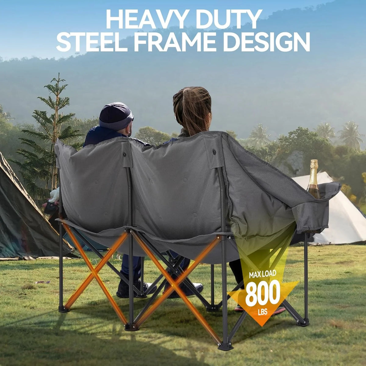 Double Camping Chairs Padded Loveseat Chair for 2 Person - Heavy Duty Oversized Camping Couch for Adults Outdoor Lawn Beach - Portable Folding Sofa with Cup Holders and Carry Bag, Grey