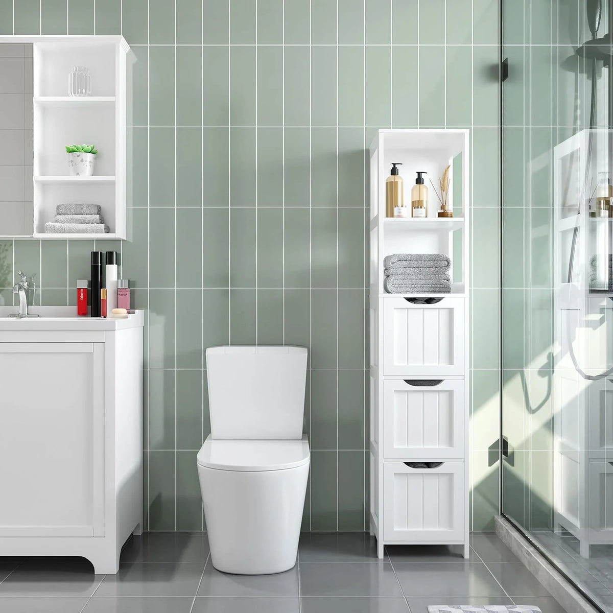 Bathroom Floor Cabinet, Wooden Storage Cabinet with 2 Drawers, Multifunctional Side Organizer Rack Stand Table