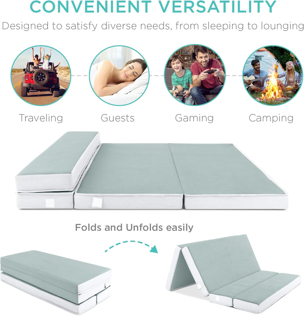 4in Portable Queen-Size Mattress, Tri-Fold Mattress for Camping, Guest, Toddler