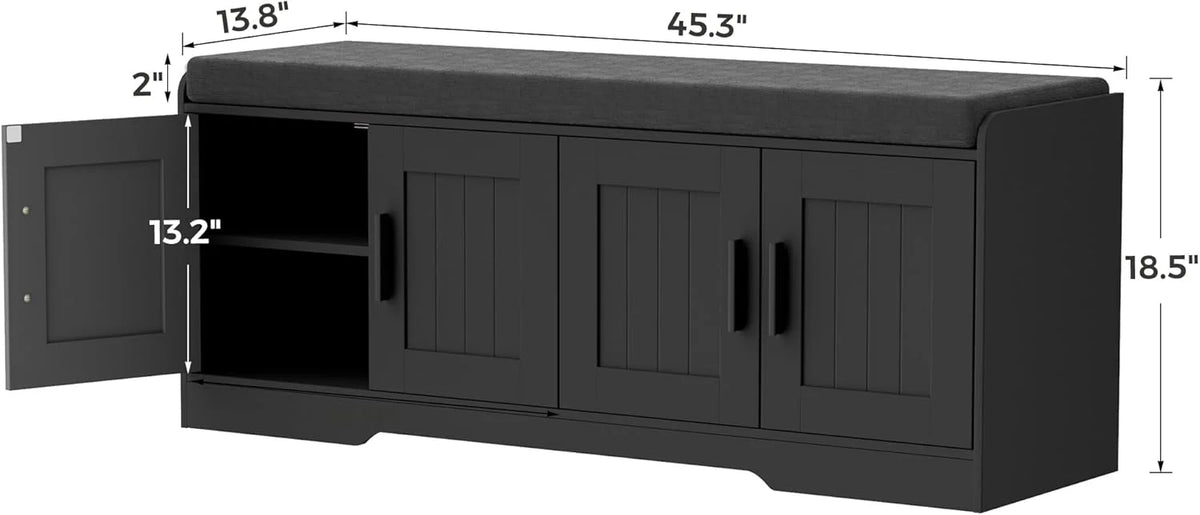 2-Tier Storage Bench, Shoe Bench with Thickened Padded Seat Cushion, Entryway Bench with 4 Doors, Adjustable Shelf