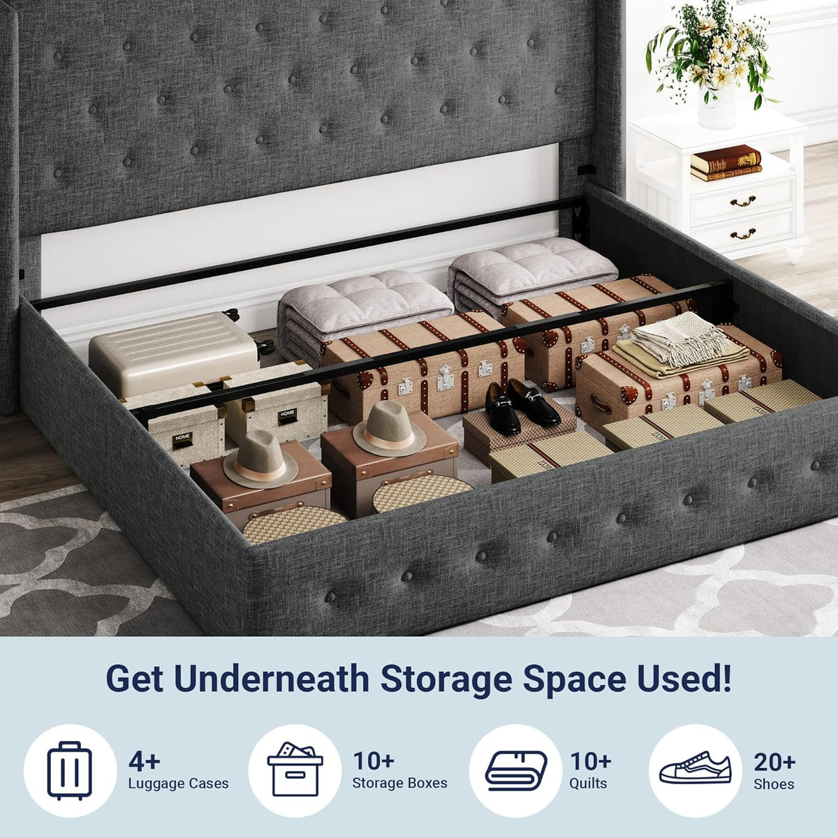Allewie Queen Size Lift Up Storage Bed Modern Wingback Headboard Hydraulic Support