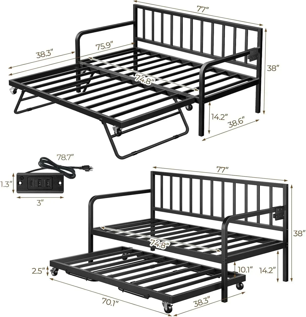 Rolanstar Daybed with Charging Station and LED Lights Height Adjustable Twin Daybed