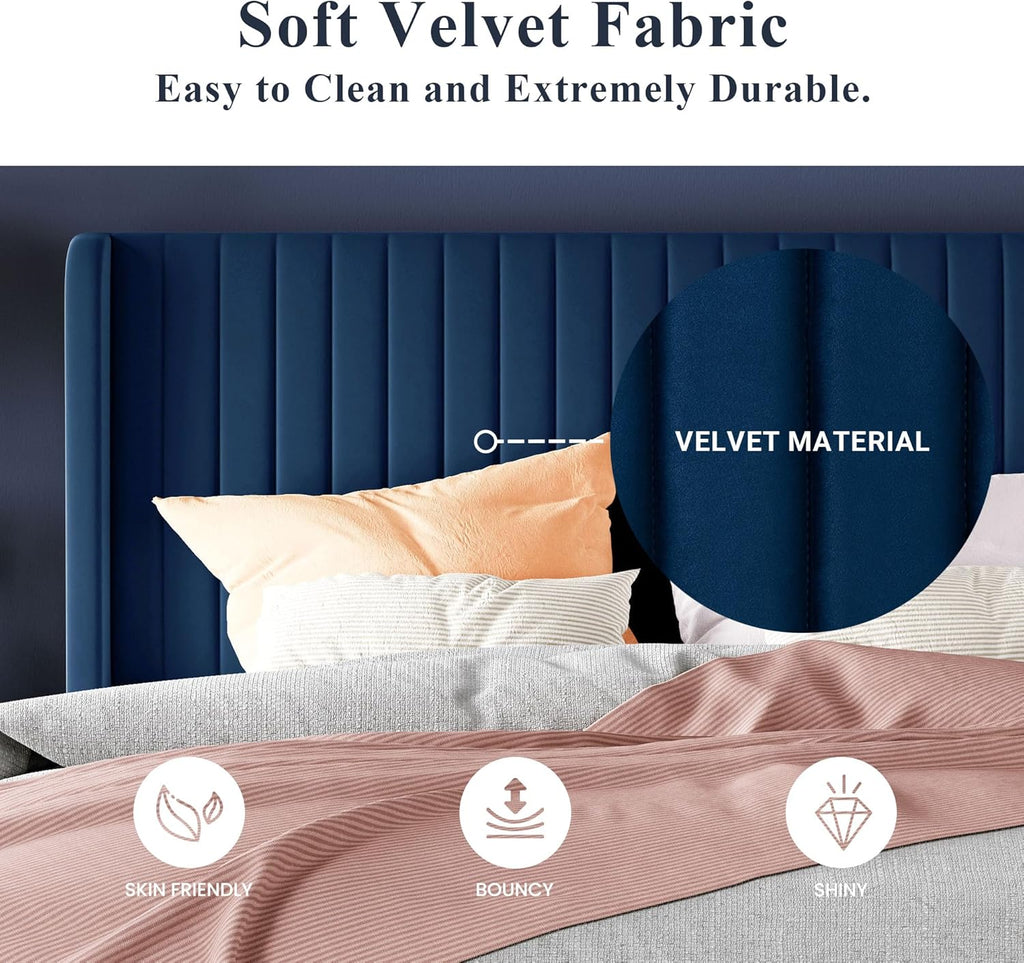 Allewie Full Size Velvet Bed Frame Vertical Channel Tufted Wingback Headboard Upholstered Bed