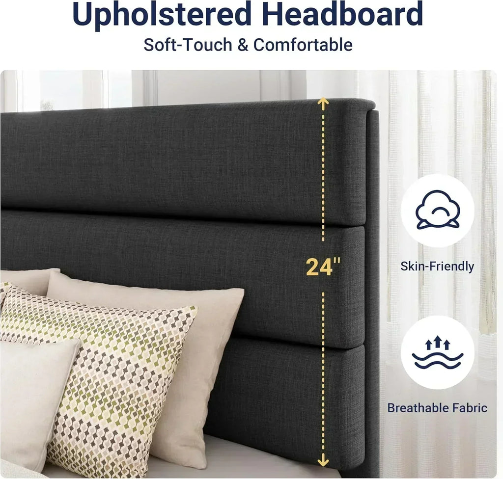 Allewie Queen Size Platform Bed Frame with Fabric Upholstered Headboard Wooden Slats Support