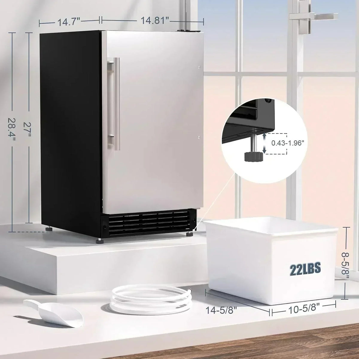 COTLIN 15 W Drainless Under Counter Ice Maker 22 LBS Storage Bin Free Standing