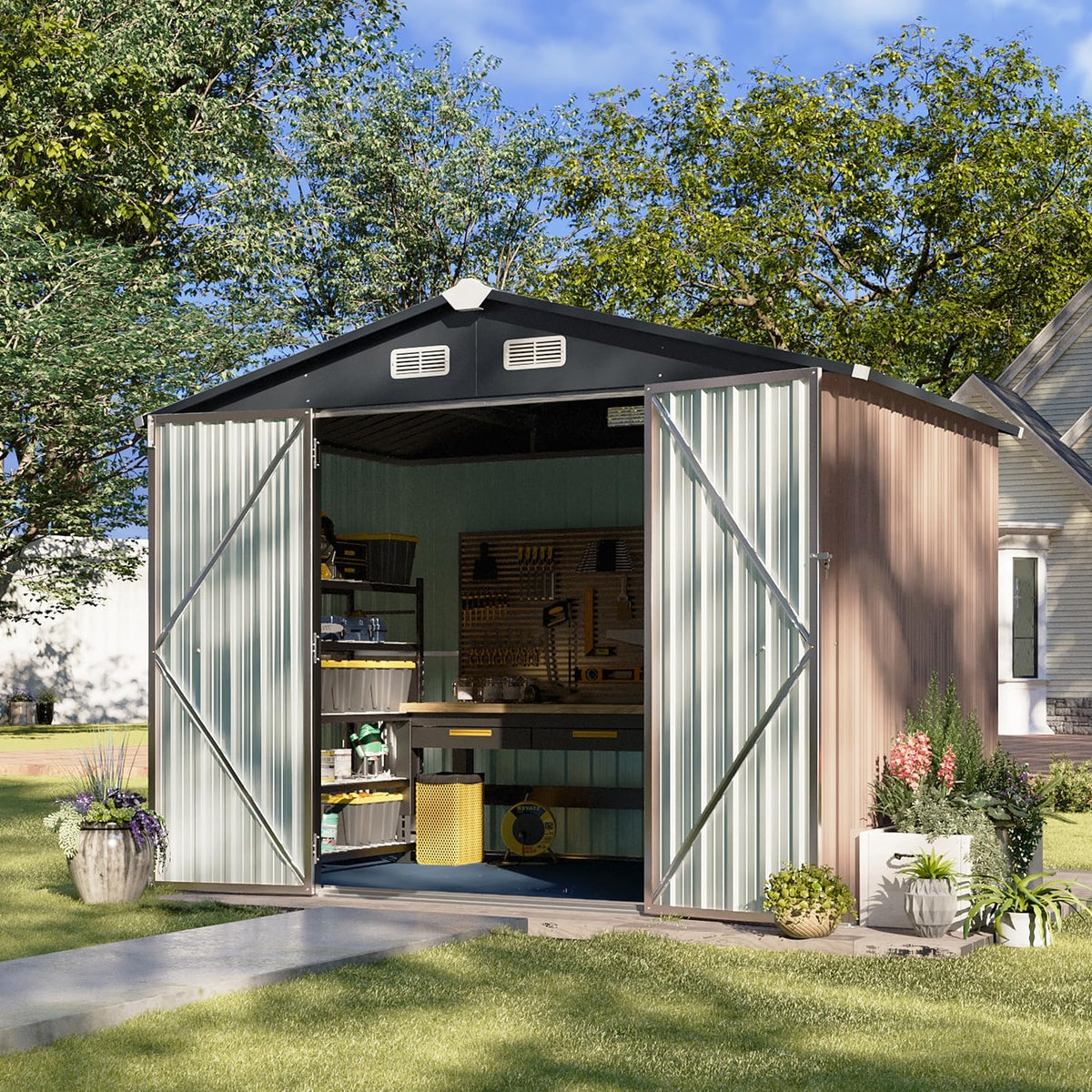 Aoxun 6.2x4 FT Shed Outdoor Storage Shed Metal Garden Shed Sloping Roof Tool Shed Bike Shed