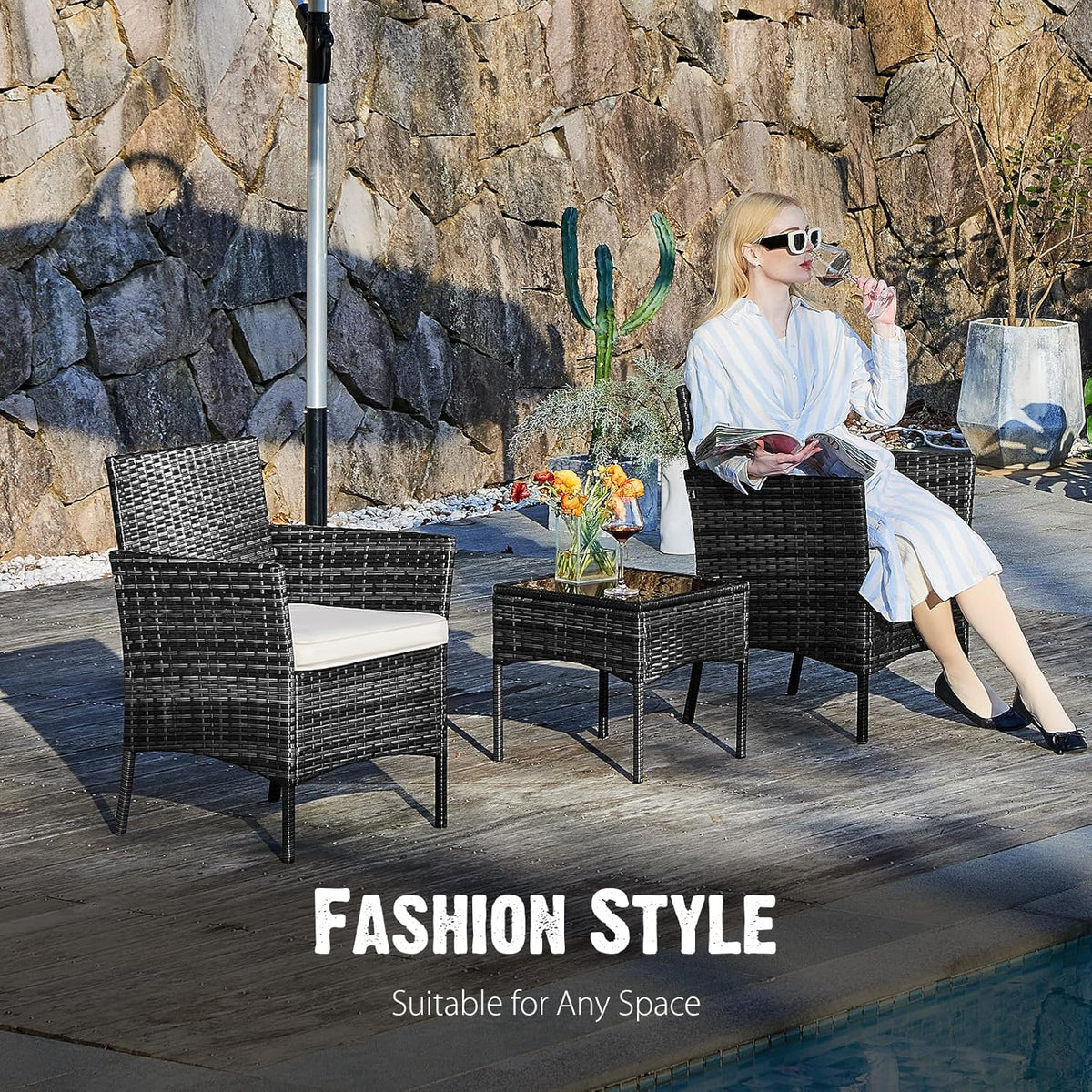 Sweetcripy Patio Furniture Set 3 Pieces, Outdoor Furniture with Soft Cushion and Glass Table, All Weather Manual Weaving Wicker Rattan Patio Chairs for Garden, Terrace, Porch(Black and Beige)