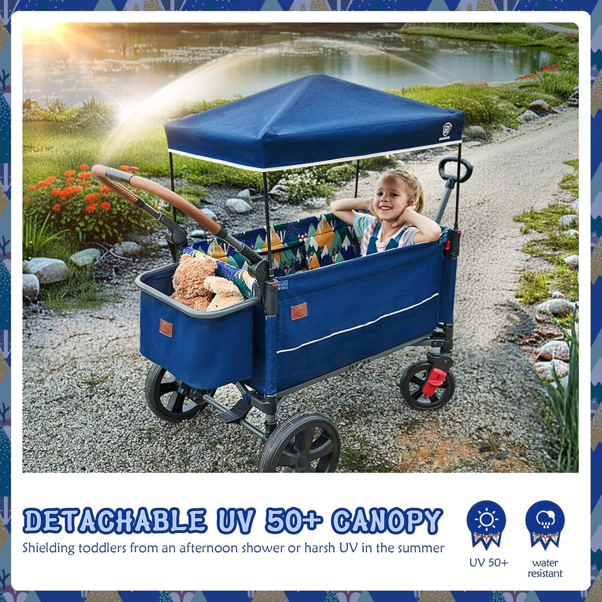 EVER ADVANCED Side-unzip Wagon Stroller for 2 Kids, Push Pull Stroller with Adjustable Handle, Easy Access Front Zipper Door, 5-Point Harness Removable UV-Protection Canopy Shock-Absorbing Wheels,Grey