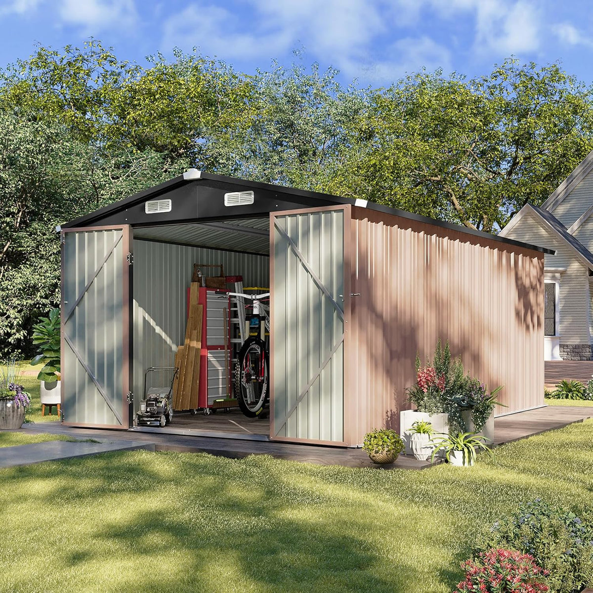 Aoxun 12x10 FT Shed Metal Outdoor Waterproof Storage Shed Steel Utility Garden Tool Shed with Door & Lock Outdoor Storage for Garden Patio Lawn Poolside, Brown