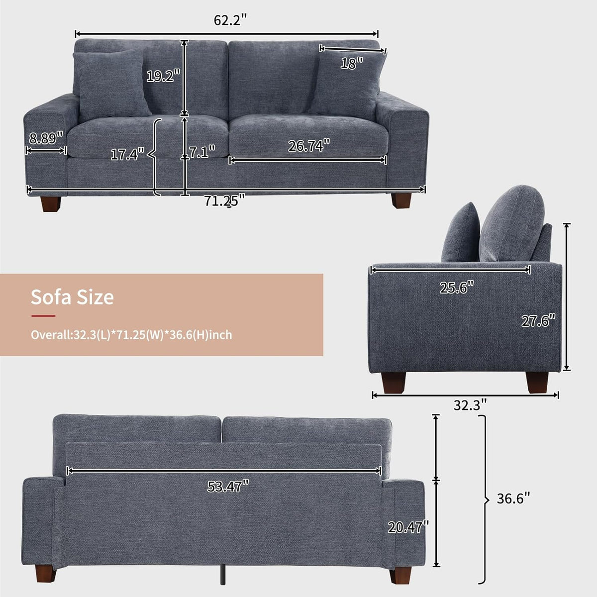 DOPEDIO living room double sofa chenille lounge chair removable solid wood frame