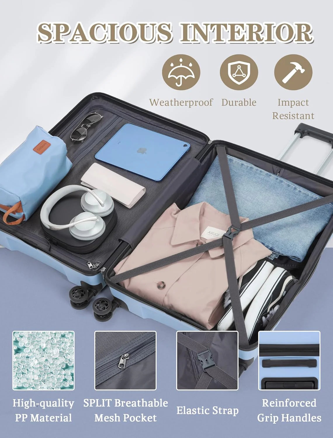 5-piece luggage set with wheels, ABS hardshell suitcase with spinner wheels