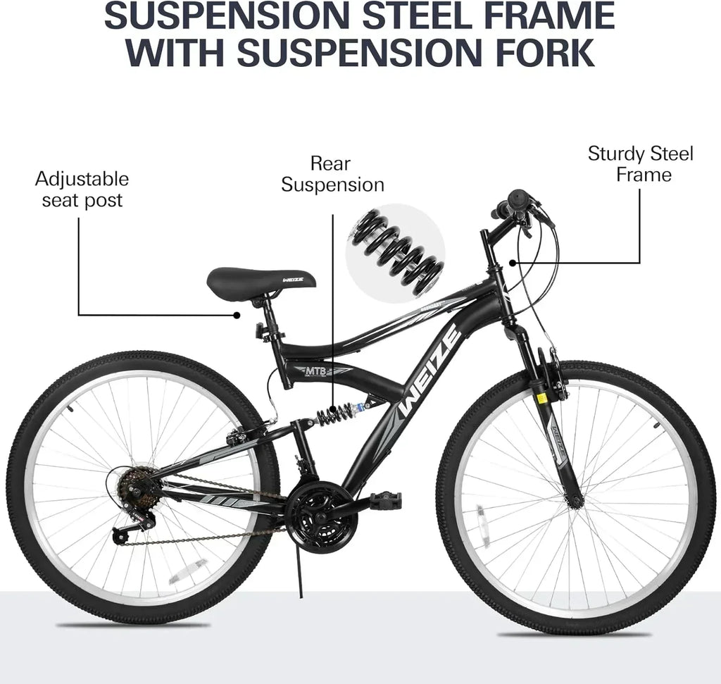 WEIZE Mountain Bike 26 27.5 inch Outdoor Hybrid Bikes 18-Speed High-Carbon Steel Full Suspension