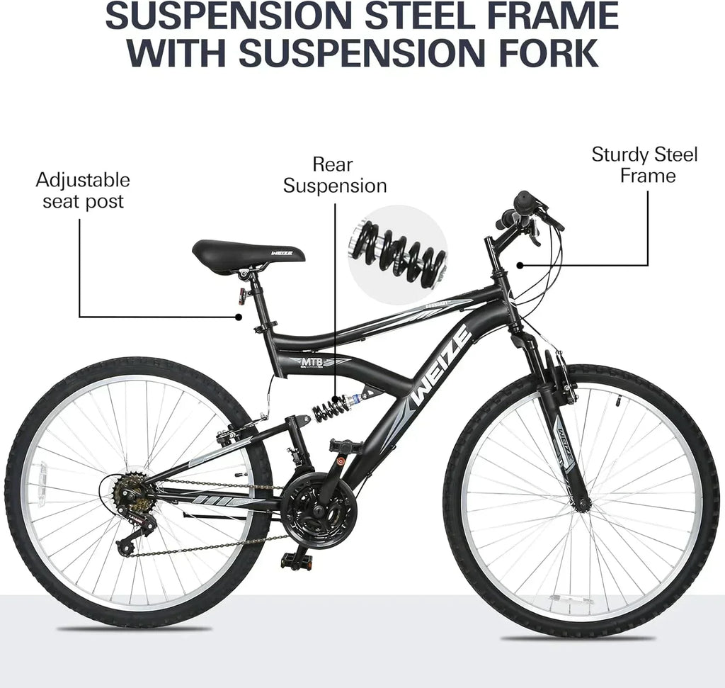 WEIZE Mountain Bike 26 27.5 inch Outdoor Hybrid Bikes 18-Speed High-Carbon Steel Full Suspension