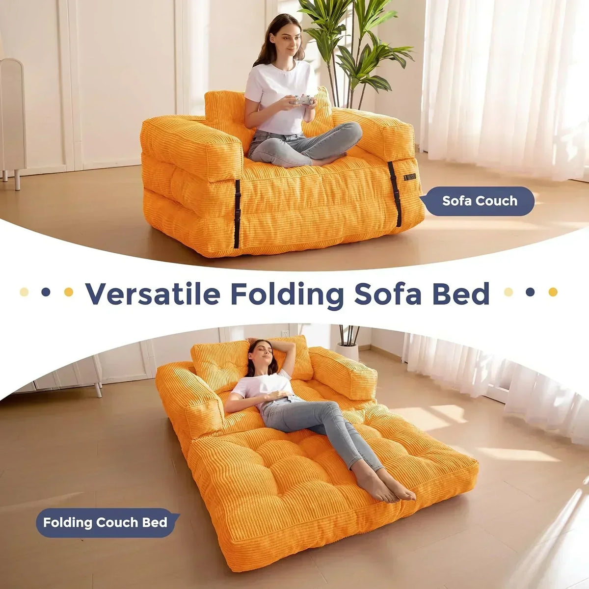Folding Sofa Bed L-Shaped Convertible Sofa Bed with Armrests and Pillows