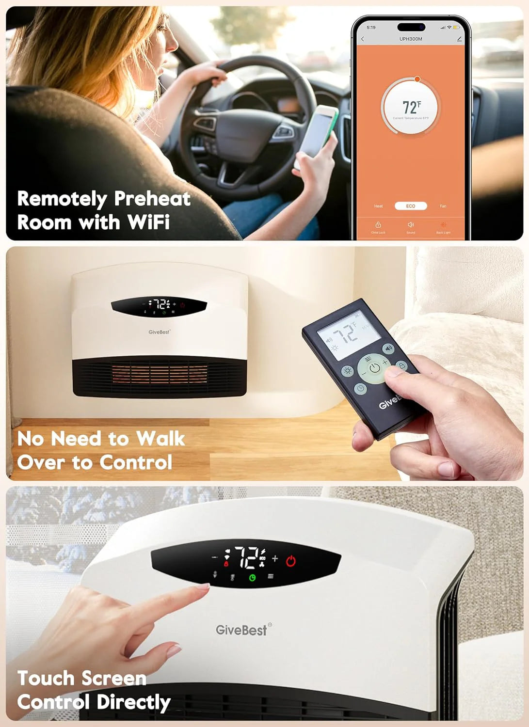 GiveBest Electric Wall Heater with WiFi and Remote Control, Floor or Wall Mounted Heater, Large Room Coverage, 3 Heating Modes, 1500W Fast Heating Space with Thermostat for Indoor Room Use