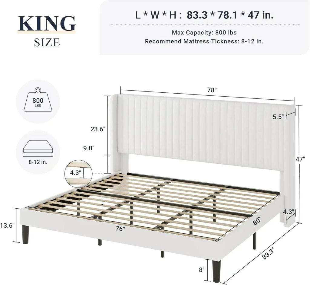 Allewie Full Size Velvet Bed Frame Vertical Channel Tufted Wingback Headboard Upholstered Bed