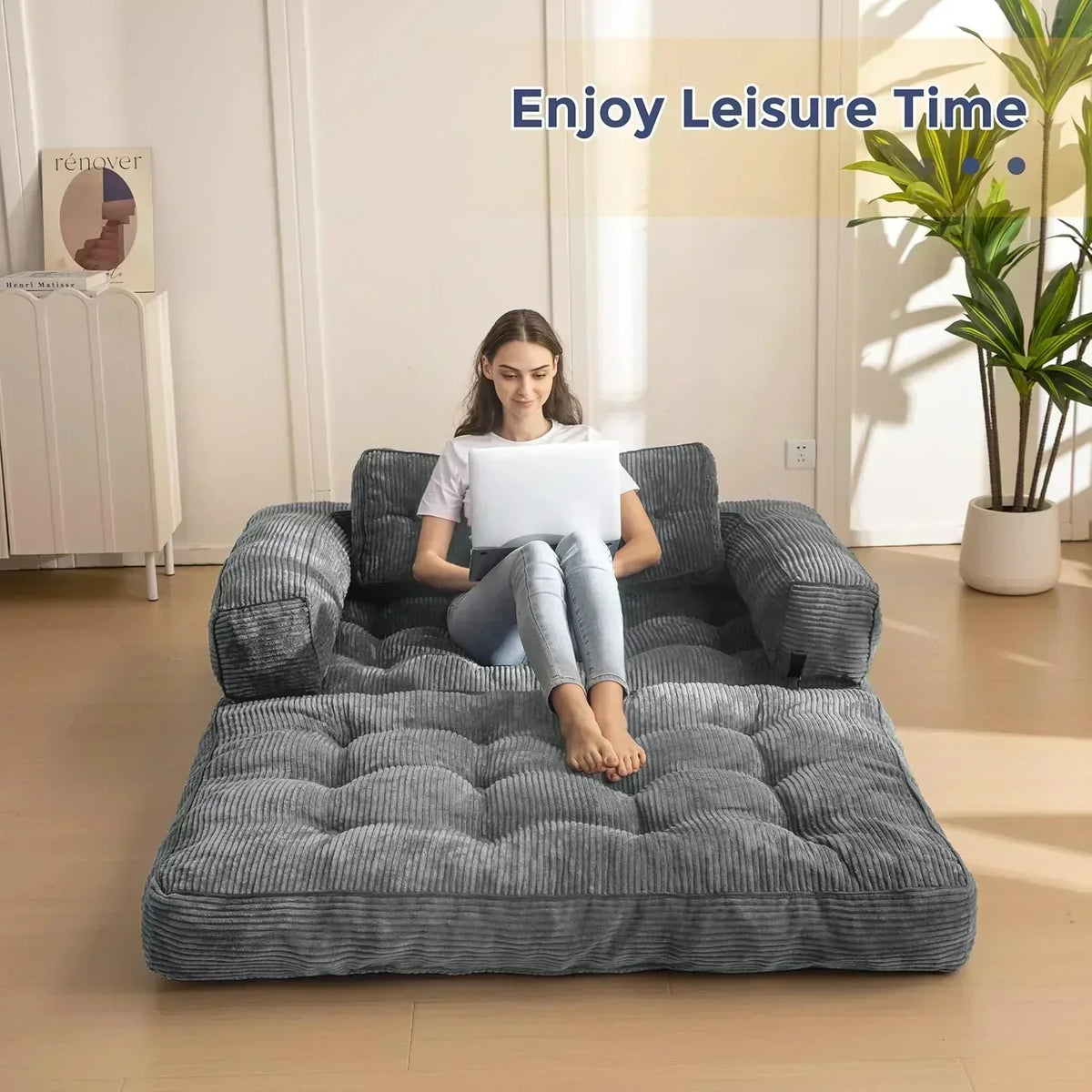 Folding Sofa Bed L-Shaped Convertible Sofa Bed with Armrests and Pillows