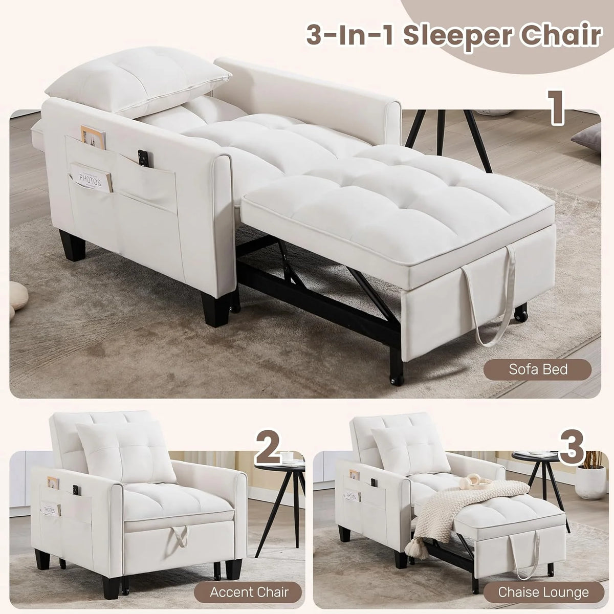 Convertible Sleeper Chair, 3 in 1 Sleeper Chair Bed Pull Out Sofa Bed Chairs, Velvet Single Sofa with Adjustable Backrest