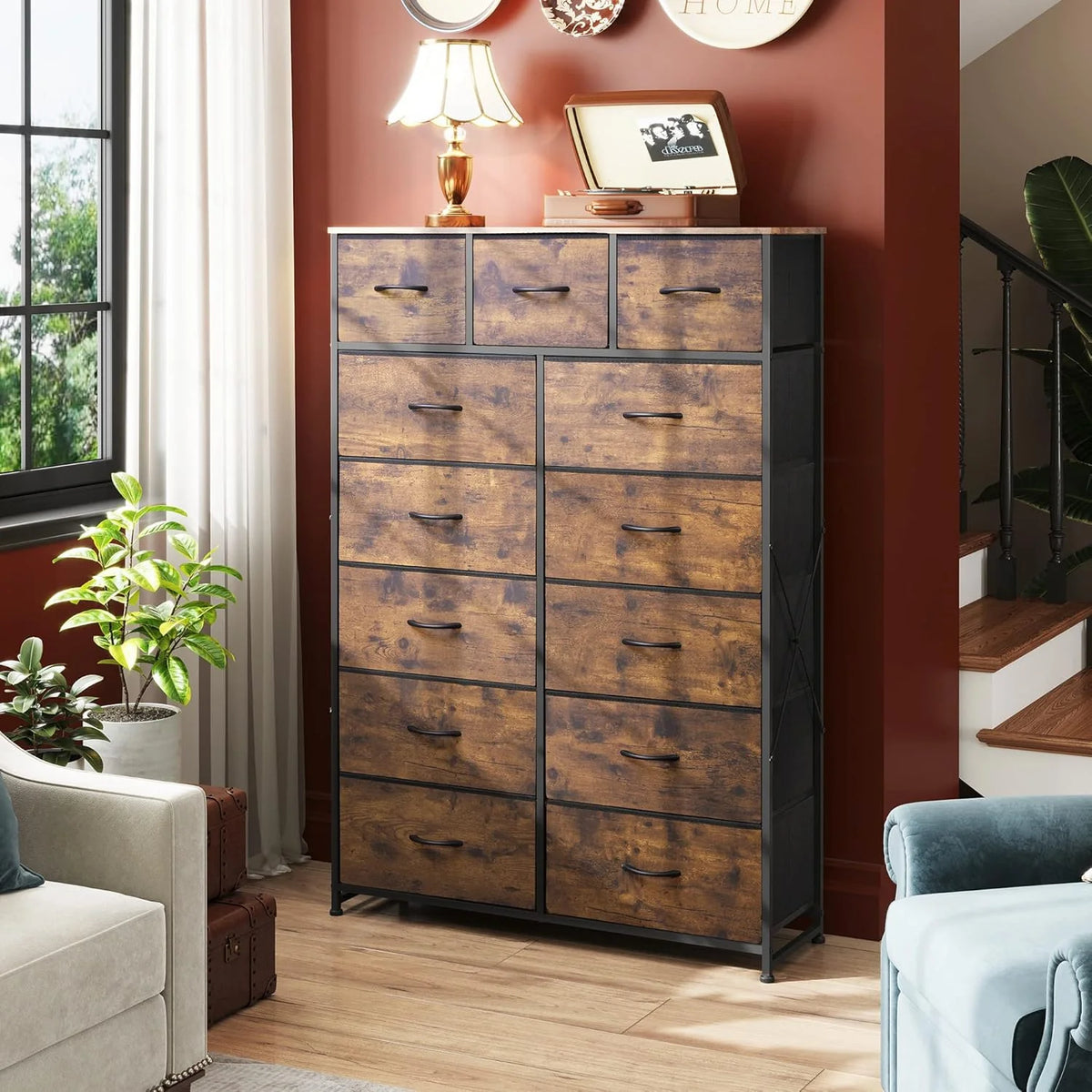 WLIVE Storage Organizer Unit with 13 Fabric Bins, Storage Drawers Organizer with Steel Frame, Tall Storage Tower Organizaton for Living Room, Hallway, Office, Charcoal Black