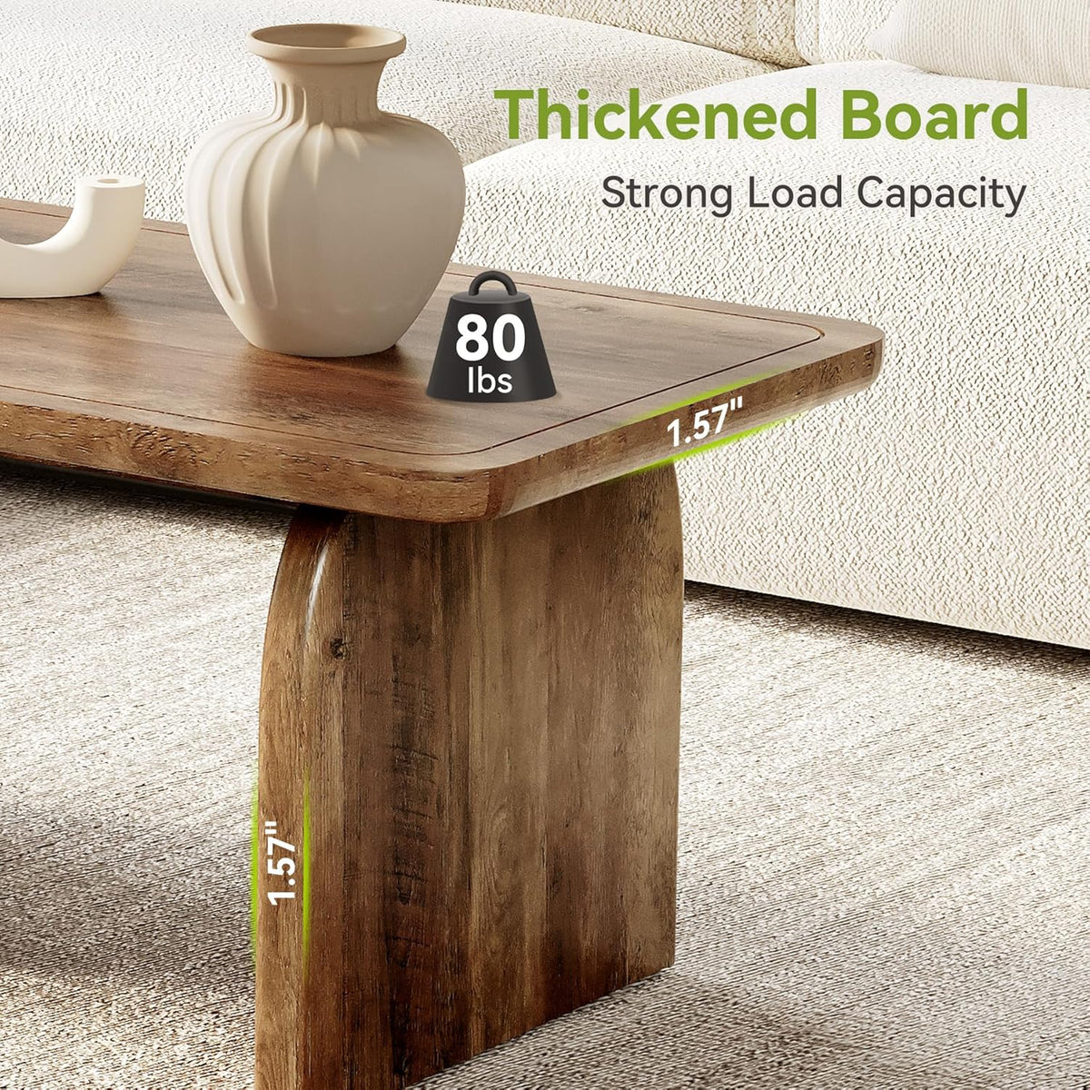 LITTLE TREE Farmhouse Coffee Table, 47 Inch Round Corner Wood Center Table, Rectangular Living Room Table, Modern Low Cocktail Tea Set